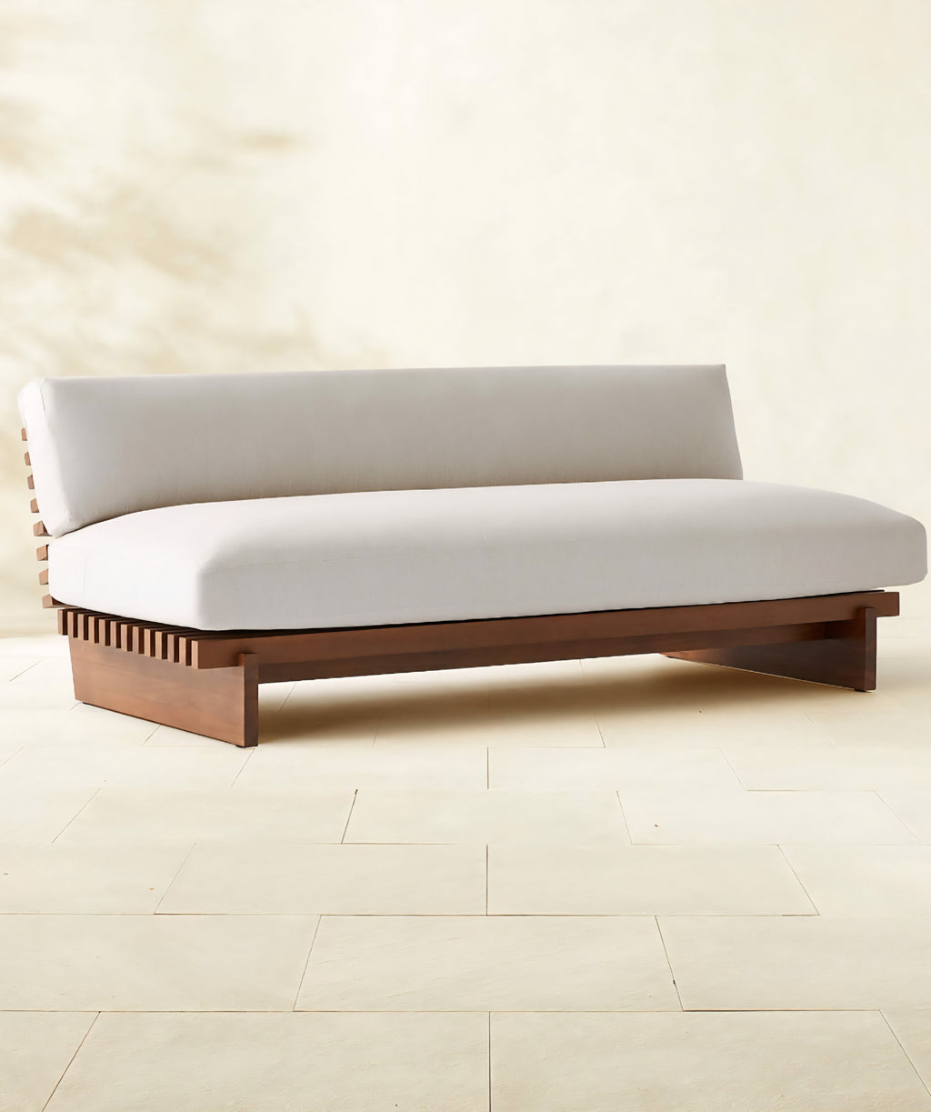 THE ONE × Taiko — Stained Teak Outdoor Loveseat with Sunbrella® Cushions