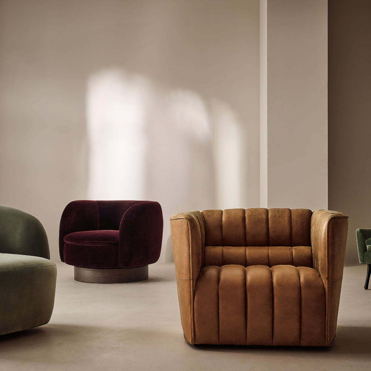 THE ONE × Muir — Taupe Velvet Swivel Chair