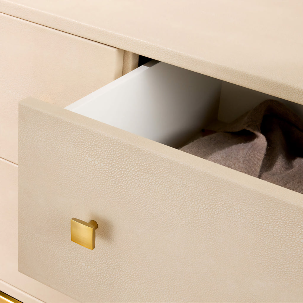 THE ONE × Dover — 2-Drawer Warm White Lacquered Nightstand with Travertine Top