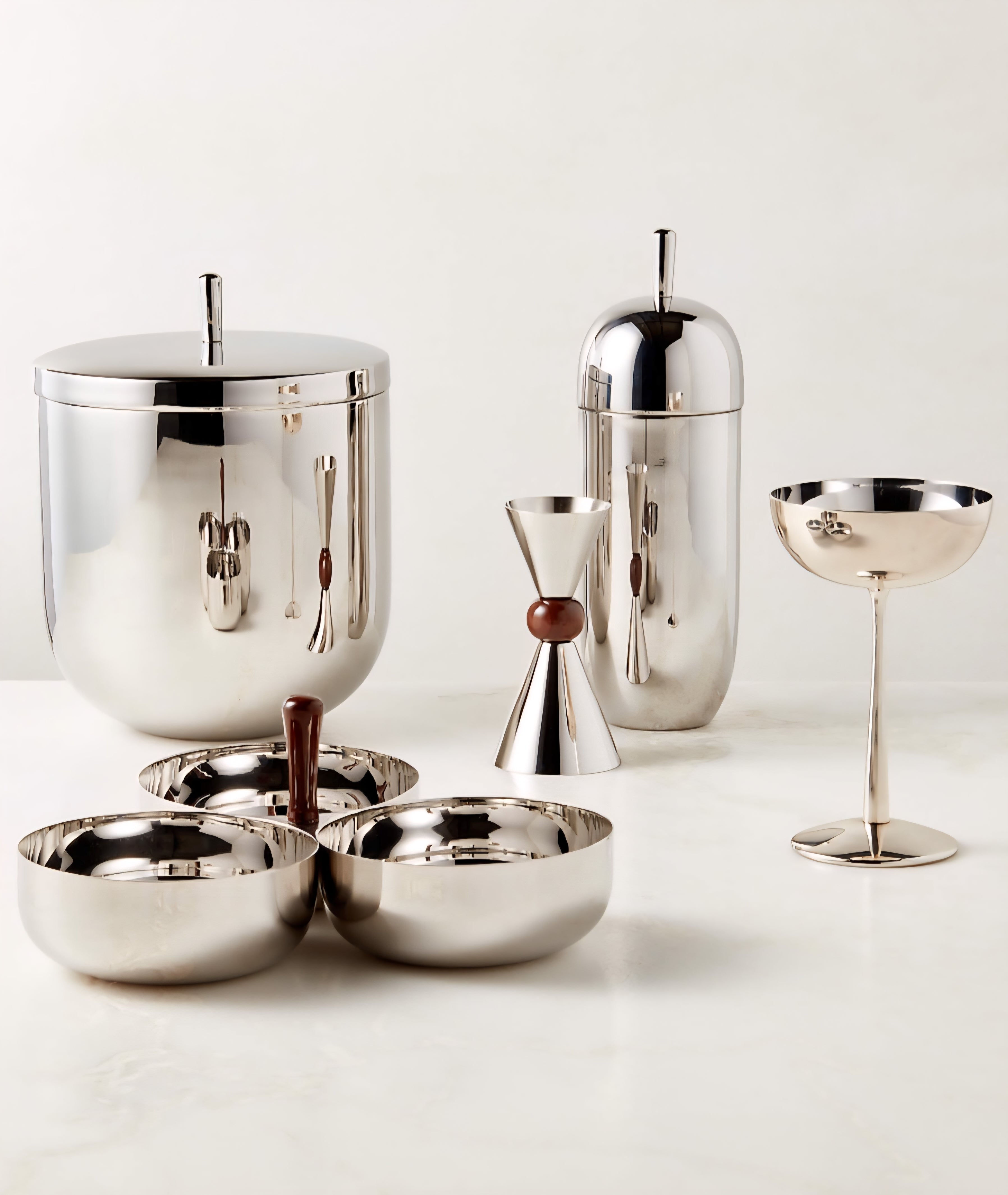 THE ONE × Kalman — Polished Stainless Steel and Walnut Serving Bowl Trio
