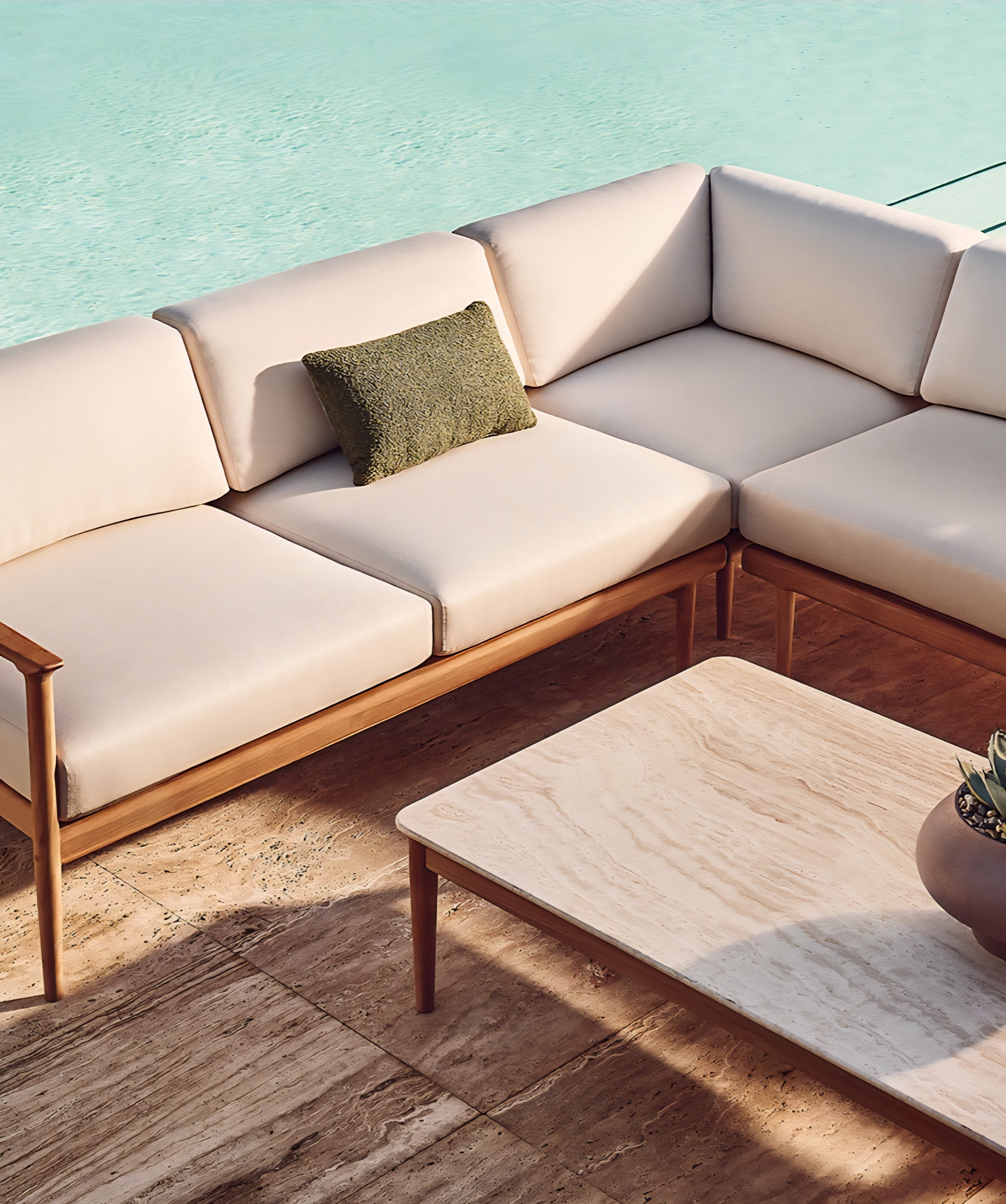 THE ONE × Tide — 60" Rectangular Travertine & Teak Outdoor Coffee Table