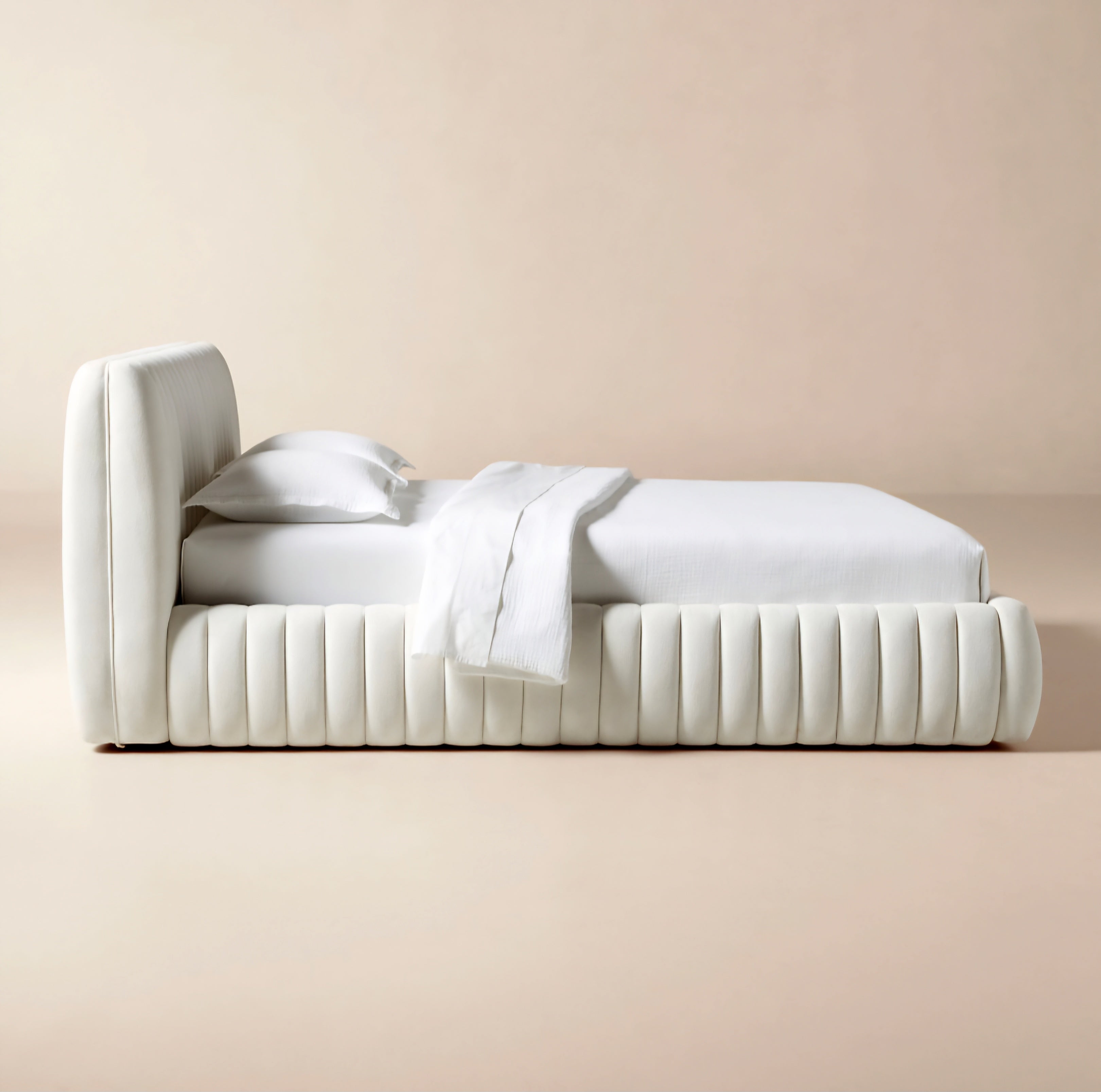 THE ONE × Wolcott — Channeled White Performance Fabric Queen Bed