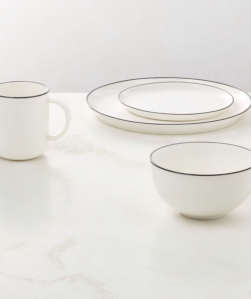 THE ONE × Contact — White Ceramic Dinner Plates with Black Rim