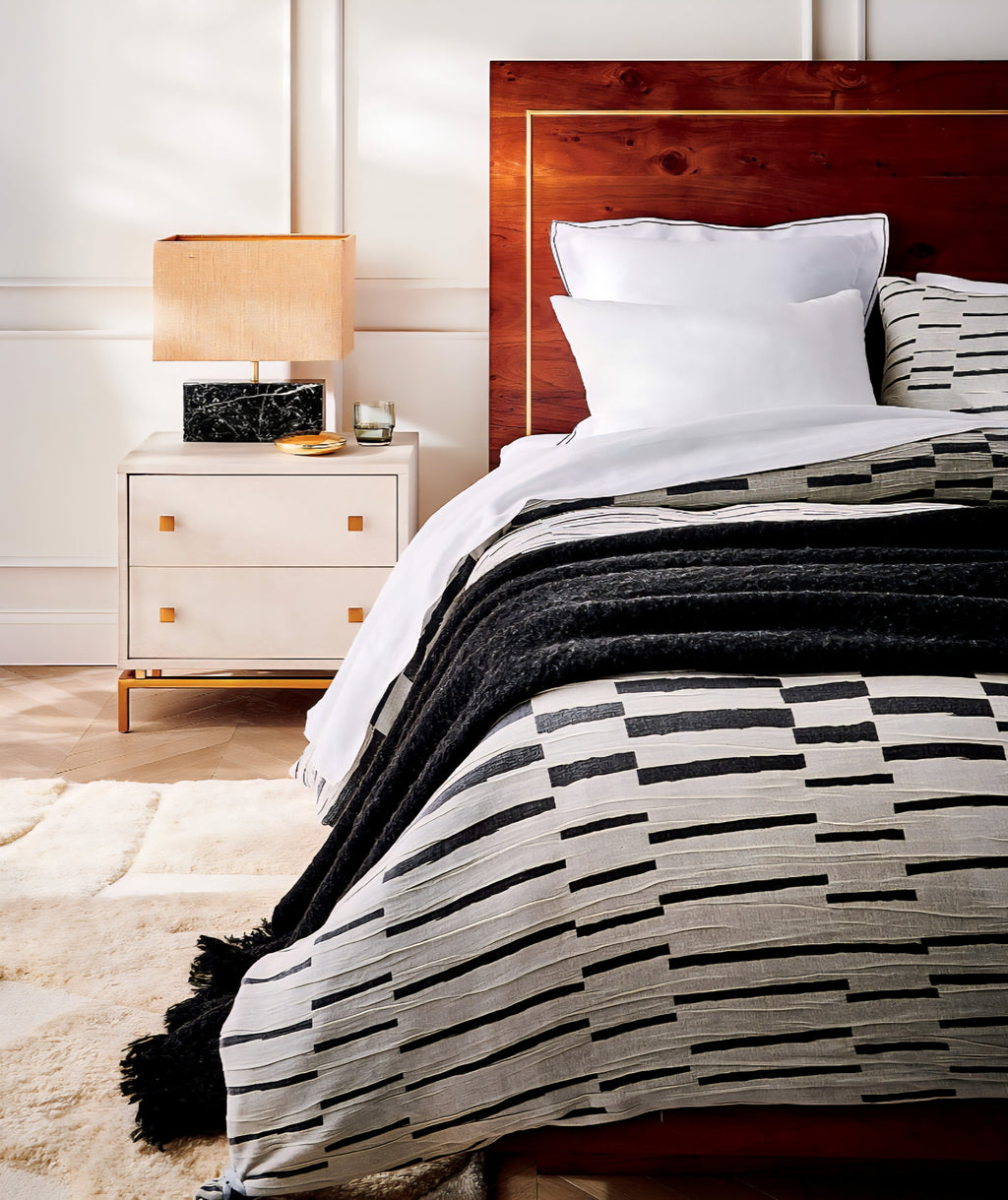 THE ONE × Dover — 2-Drawer Warm White Lacquered Nightstand with Travertine Top