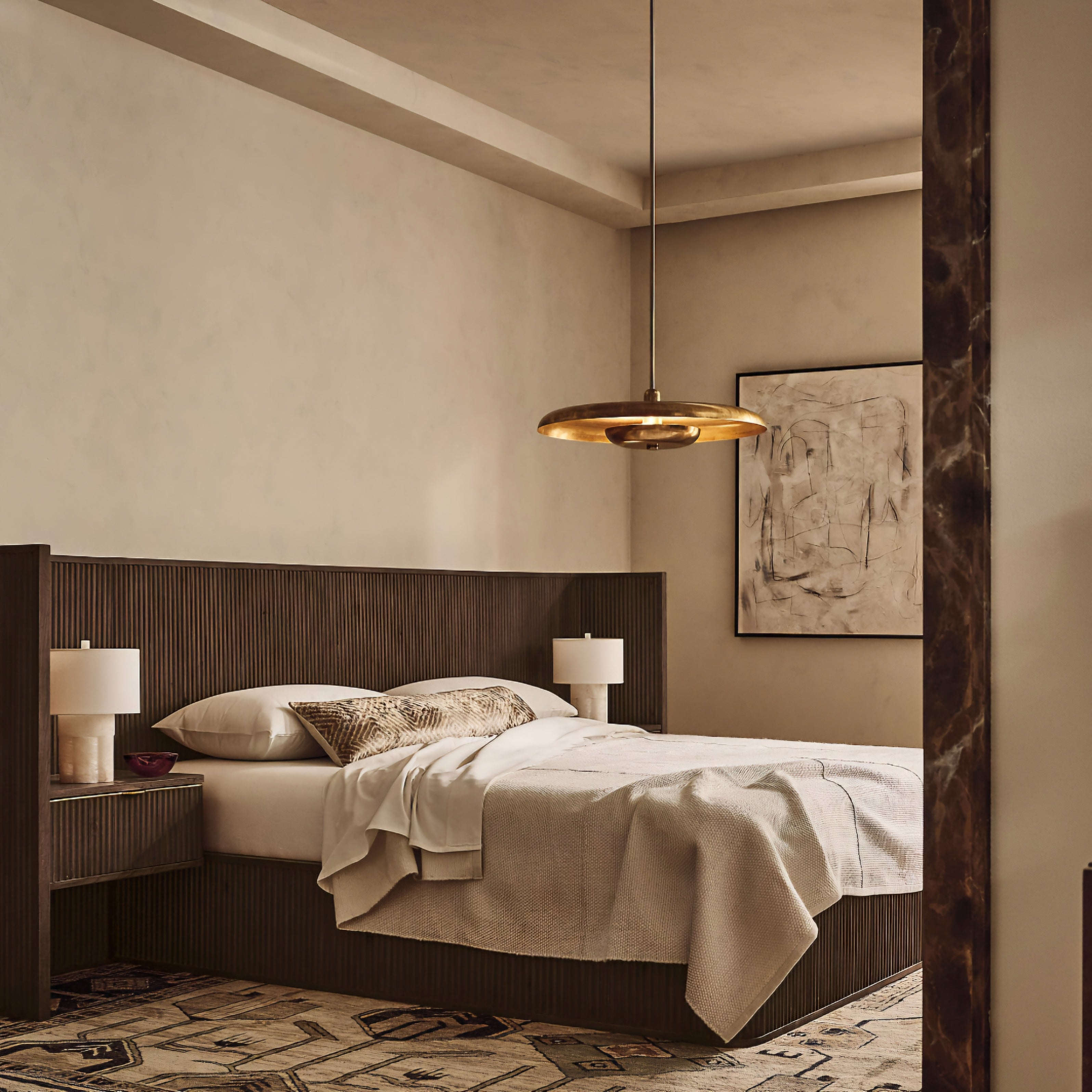 THE ONE × Davison — Fluted Dark Brown Wood Queen Bed with Nightstands