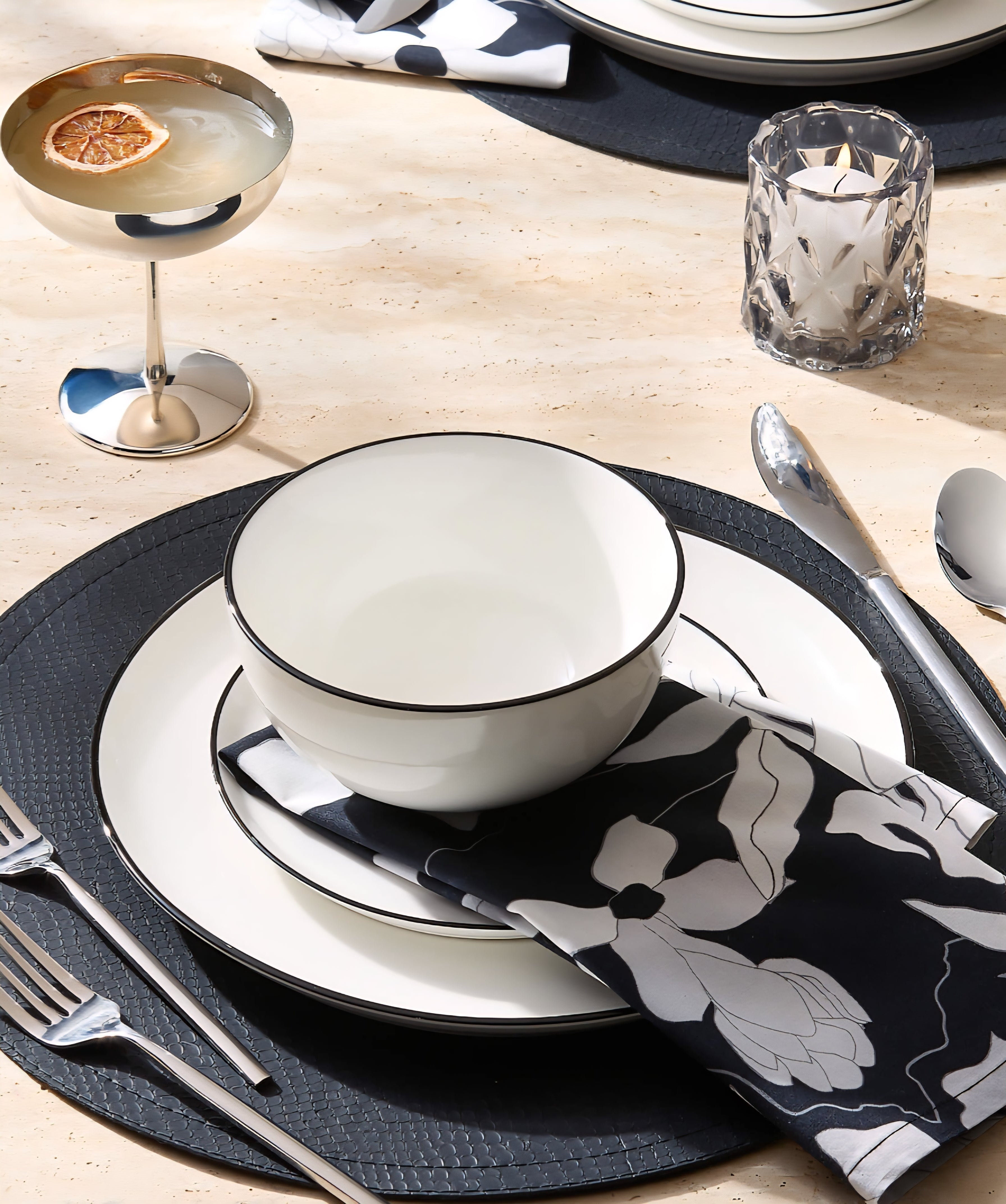 THE ONE × Contact — White Ceramic Dinner Plates with Black Rim