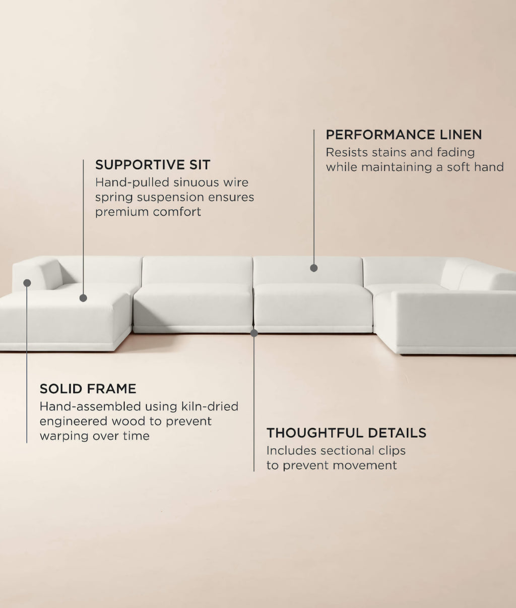 THE ONE × Faible — 6-Piece U-Shaped White Performance Linen Standard Depth Sectional Sofa with Right Arm