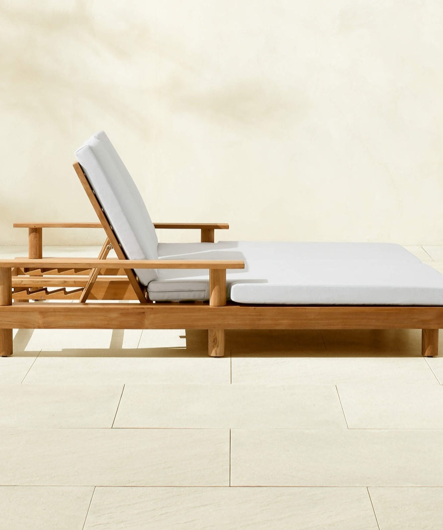 THE ONE × Pinet — Teak Outdoor Double Chaise Lounge with Warm Light Grey Sunbrella® Cushions