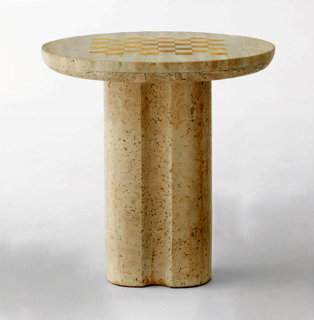 THE ONE × Kikko — White Travertine & Brass Inlay Game Side Table