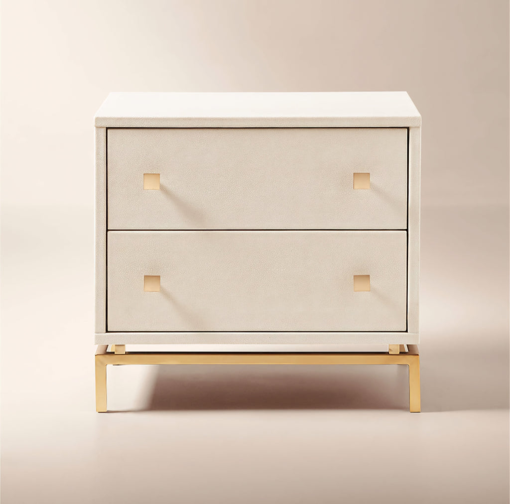 THE ONE × Dover — 2-Drawer Warm White Lacquered Nightstand with Travertine Top