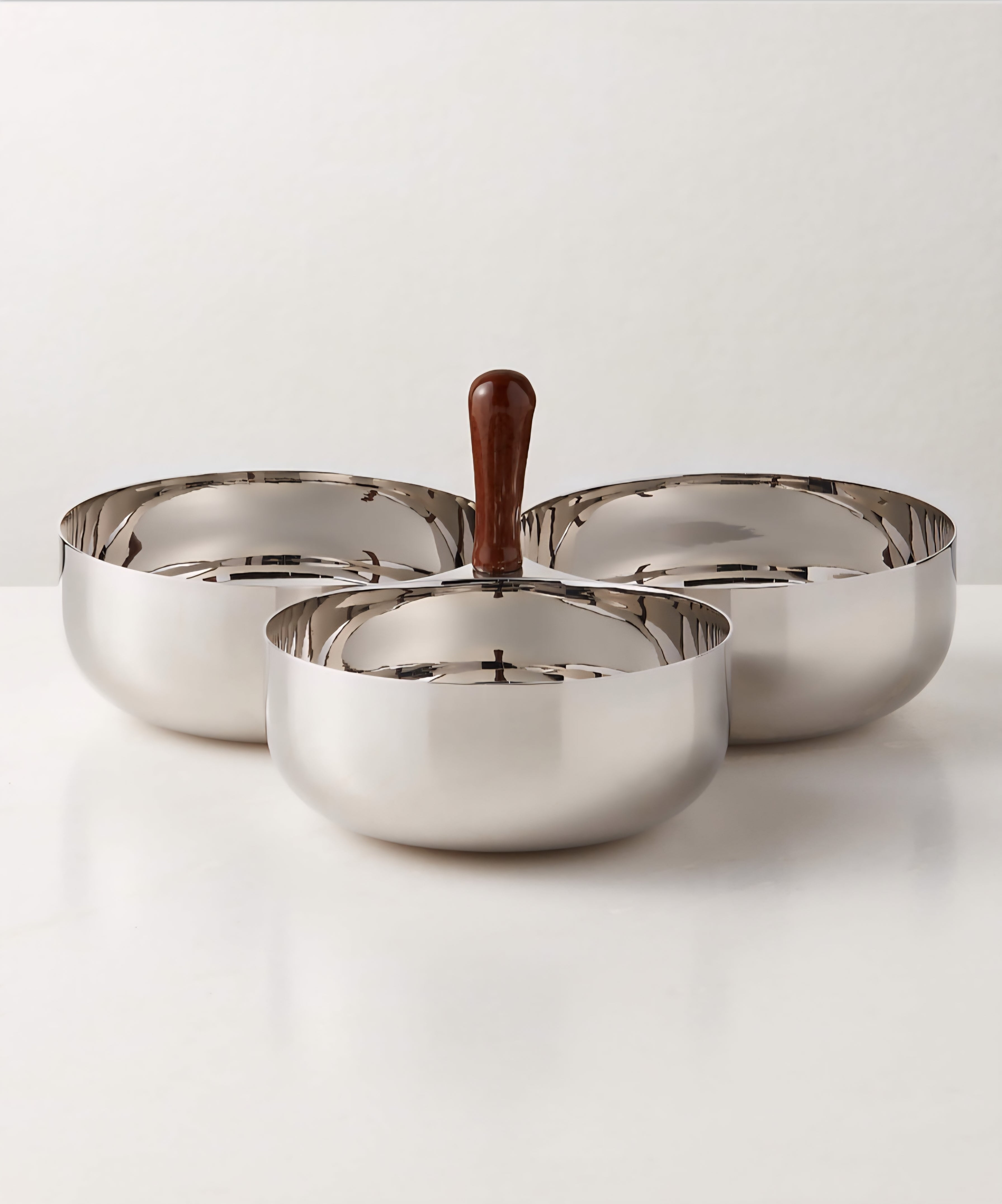 THE ONE × Kalman — Polished Stainless Steel and Walnut Serving Bowl Trio