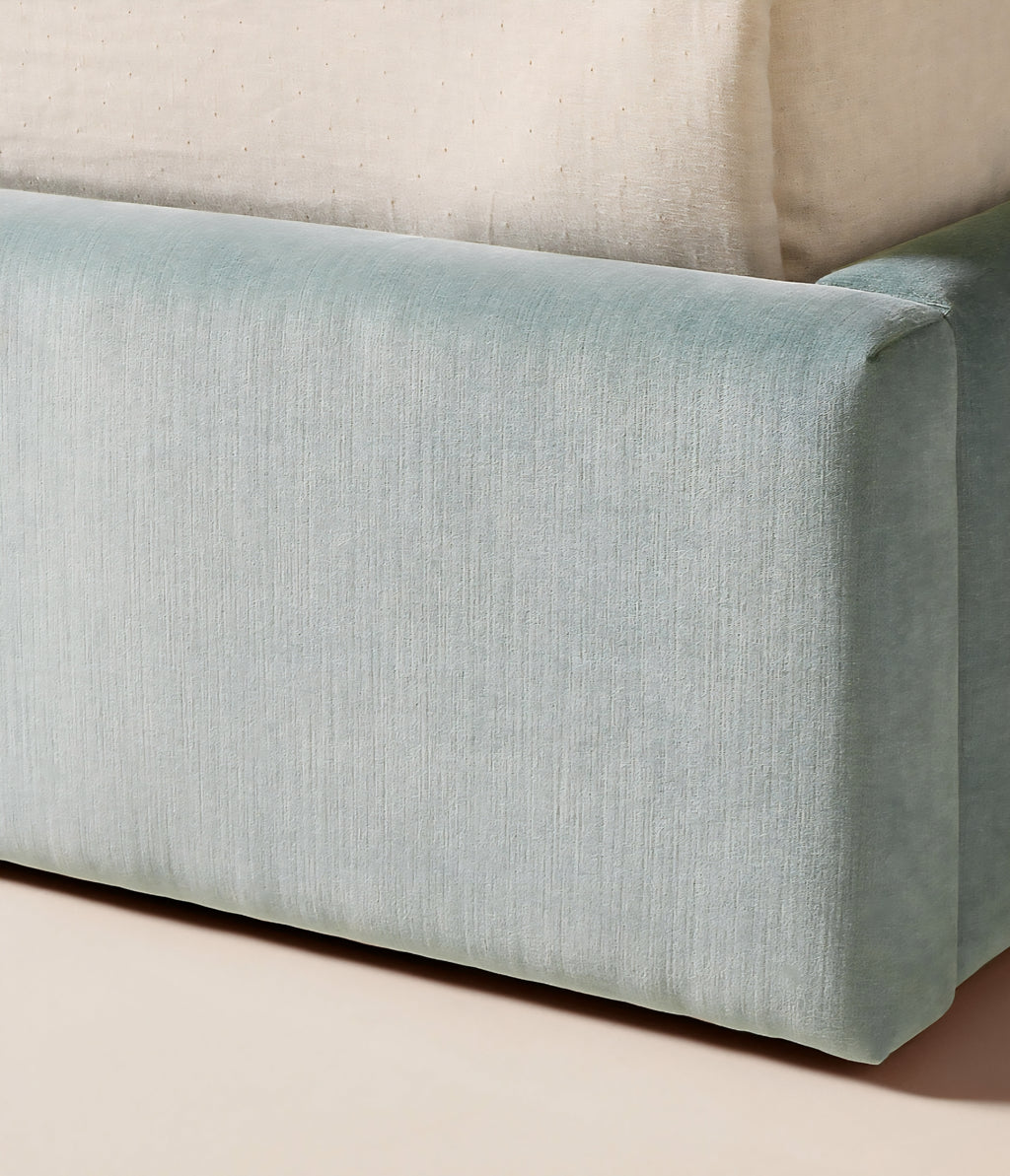THE ONE × Abbott — Arctic Blue Velvet Upholstered Extended King Platform Bed