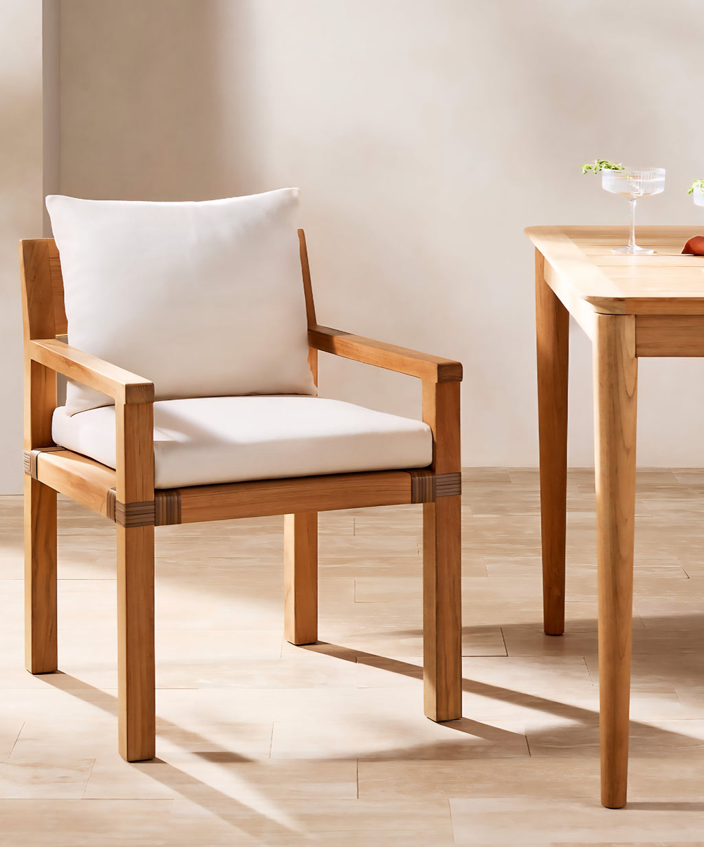 THE ONE × Oakley — Teak Outdoor Dining Armchair with Ivory Sunbrella® Cushion
