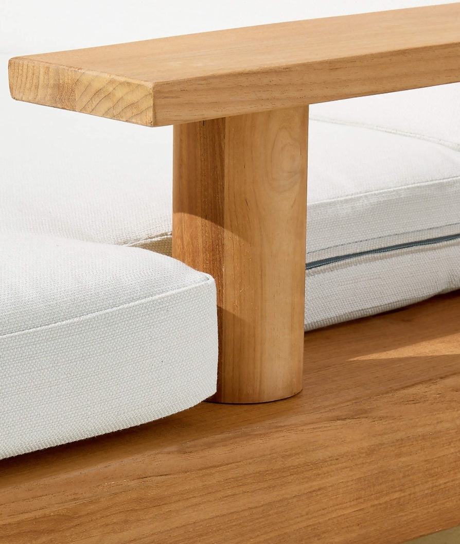 THE ONE × Pinet — Teak Outdoor Double Chaise Lounge with Warm Light Grey Sunbrella® Cushions