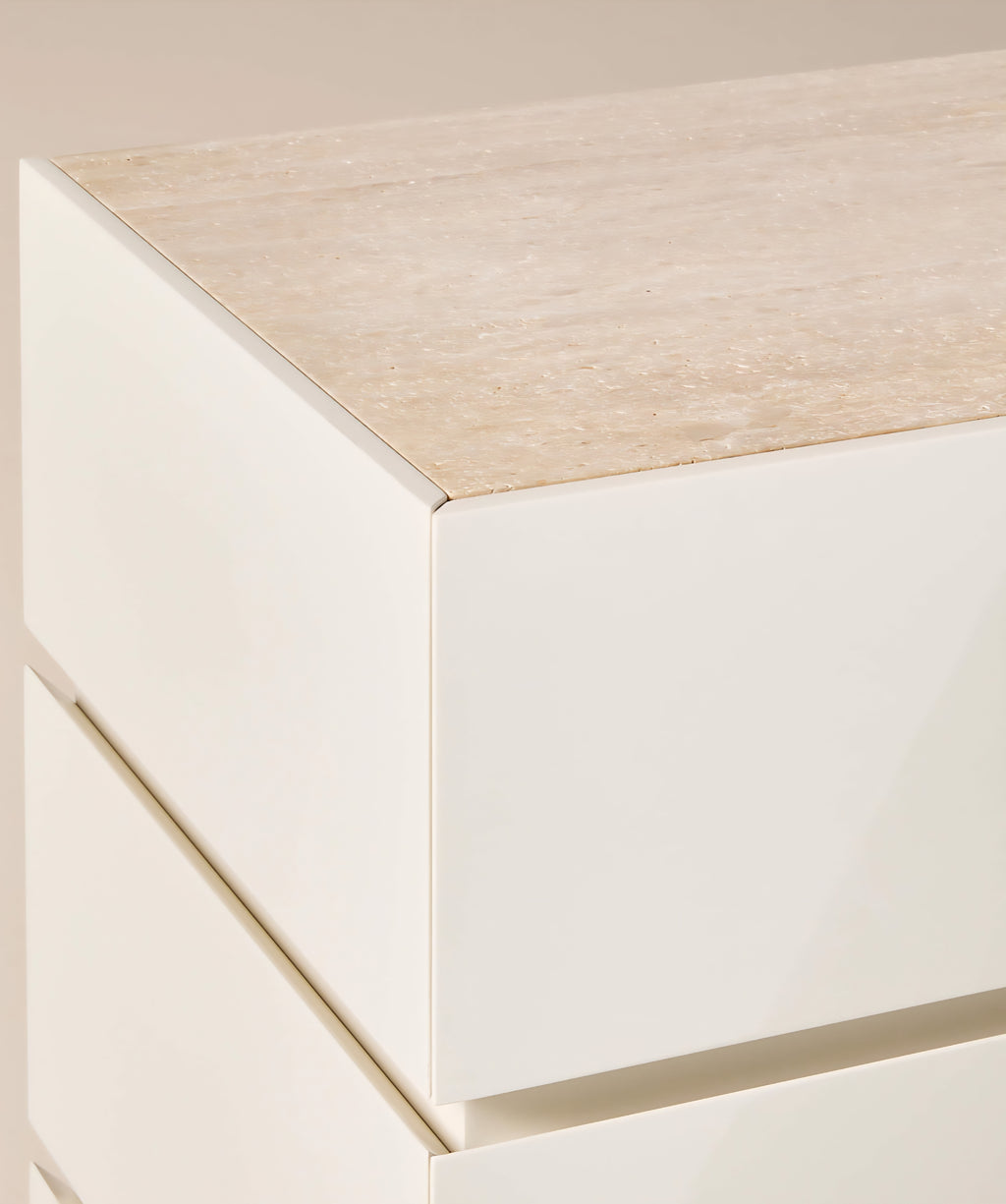 THE ONE × Dover — Warm White Lacquered Nightstand with Travertine Top