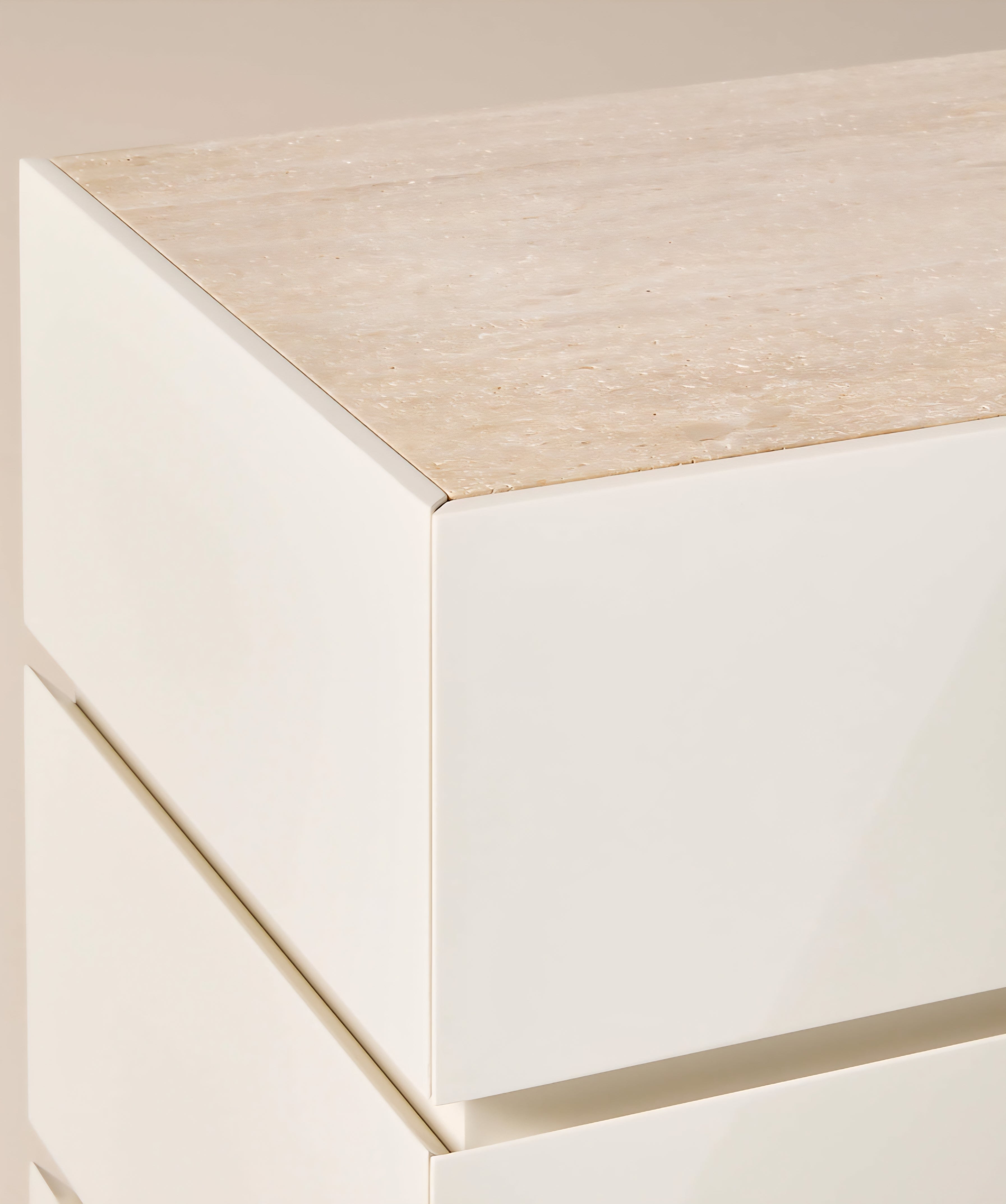 THE ONE × Dover — Warm White Lacquered Nightstand with Travertine Top