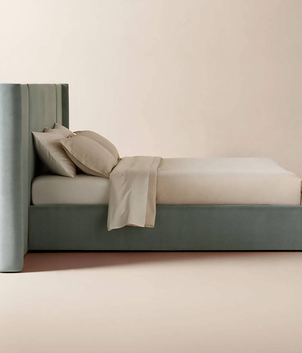 THE ONE × Abbott — Arctic Blue Velvet Upholstered Extended King Platform Bed