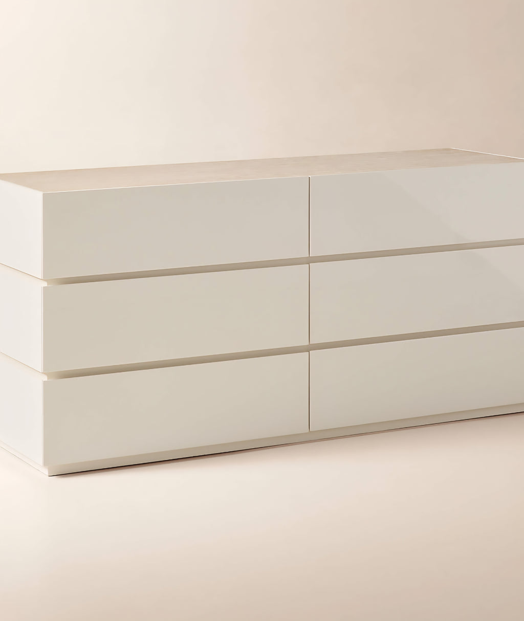 THE ONE × Dover — 9-Drawer Warm White Lacquered Dresser with Travertine Top