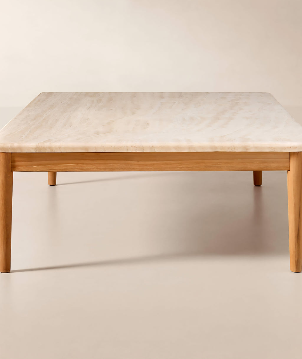 THE ONE × Tide — 60" Rectangular Travertine & Teak Outdoor Coffee Table