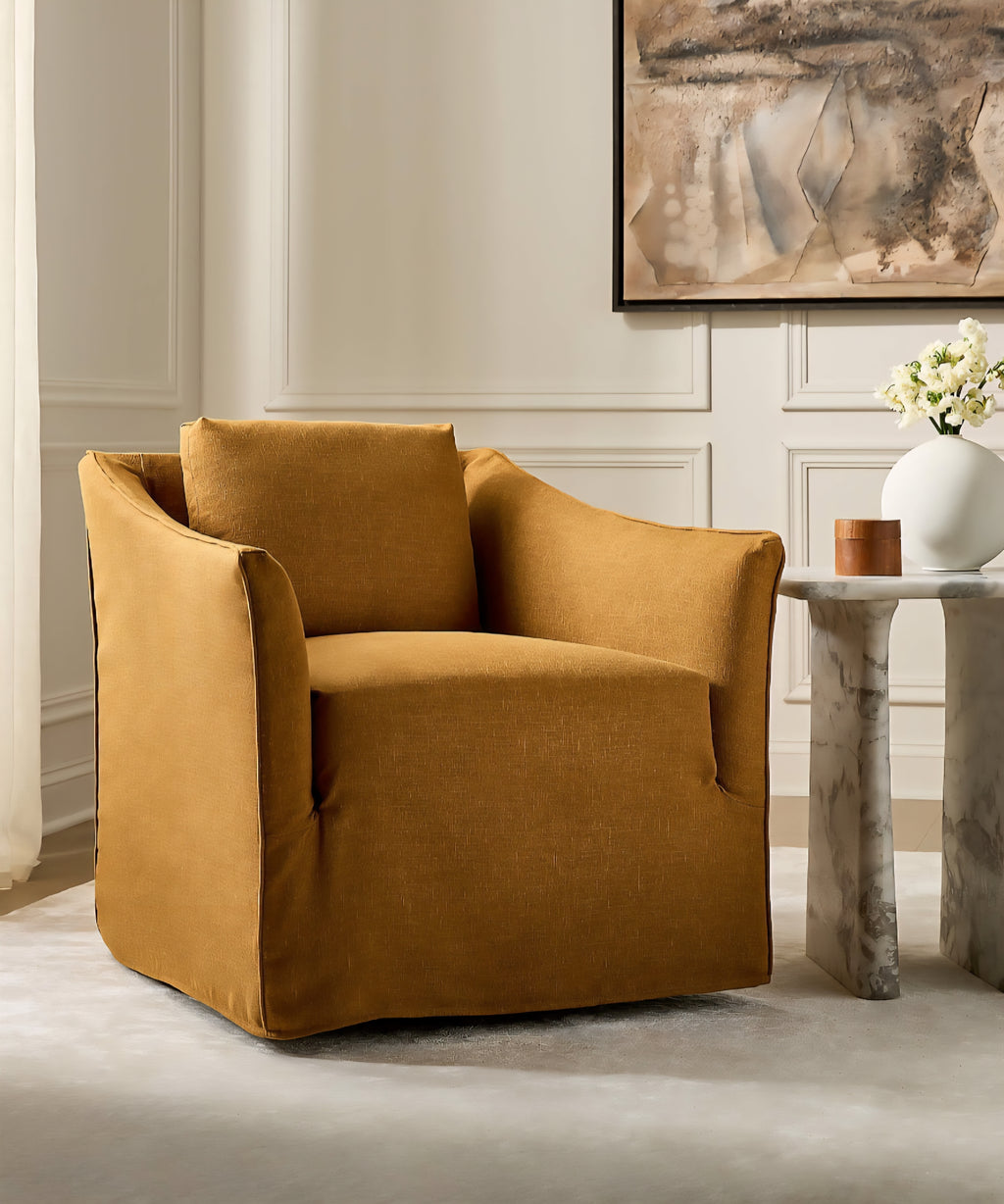 THE ONE × Bristol — Cognac Slipcovered Performance Linen Swivel Chair