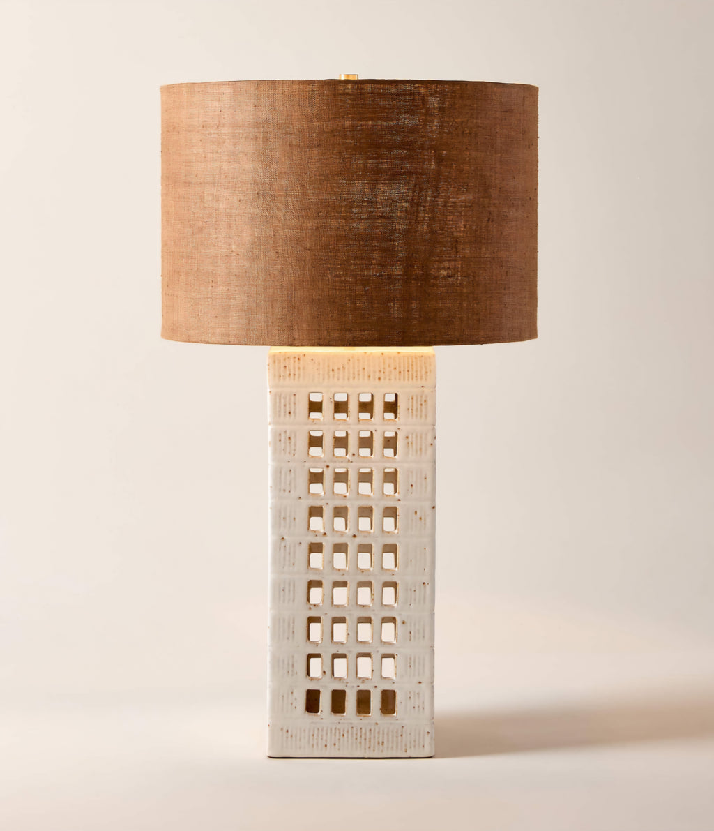 THE ONE × Cienega — White Ceramic Reactive Glaze Table Lamp with Hemp Shade