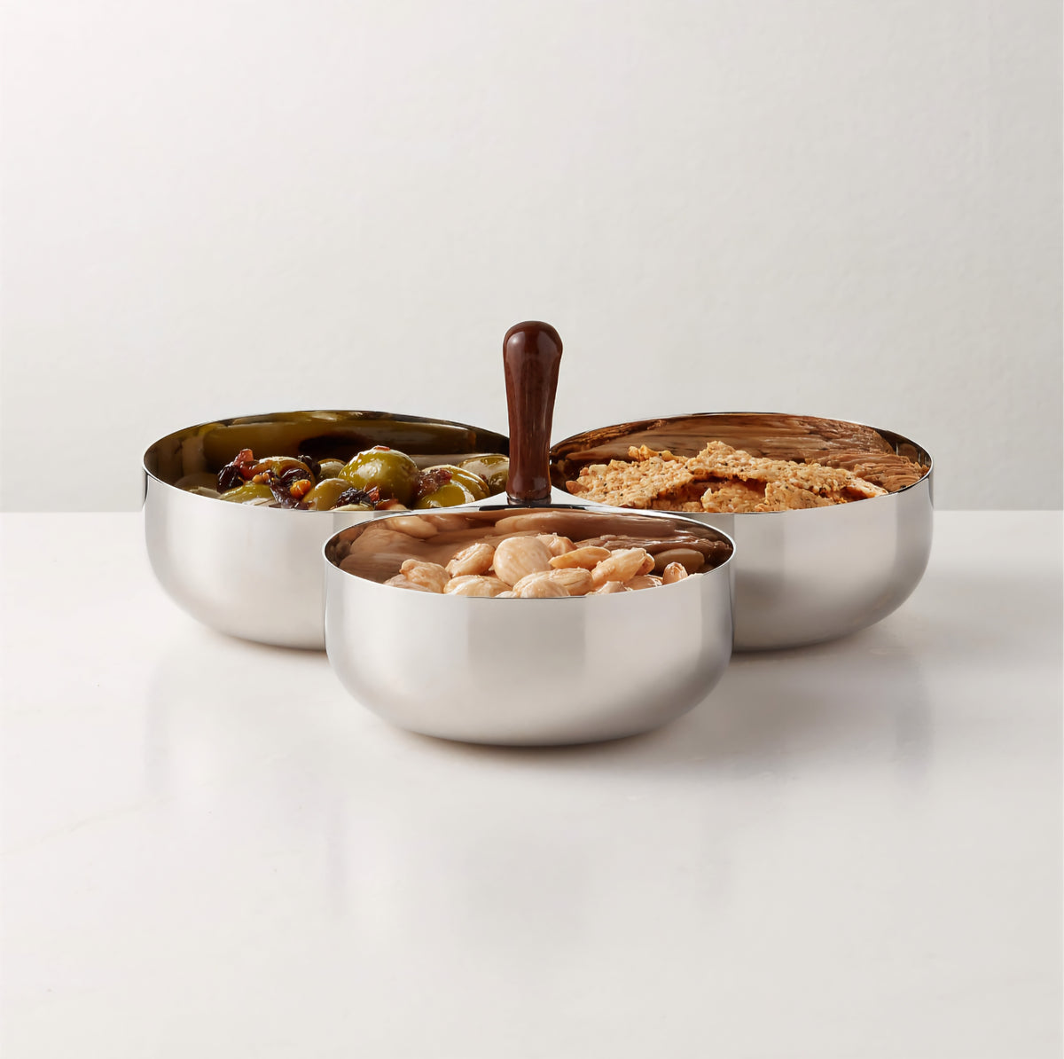 THE ONE × Kalman — Polished Stainless Steel and Walnut Serving Bowl Trio