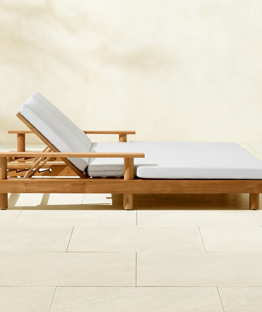 THE ONE × Pinet — Teak Outdoor Double Chaise Lounge with Warm Light Grey Sunbrella® Cushions