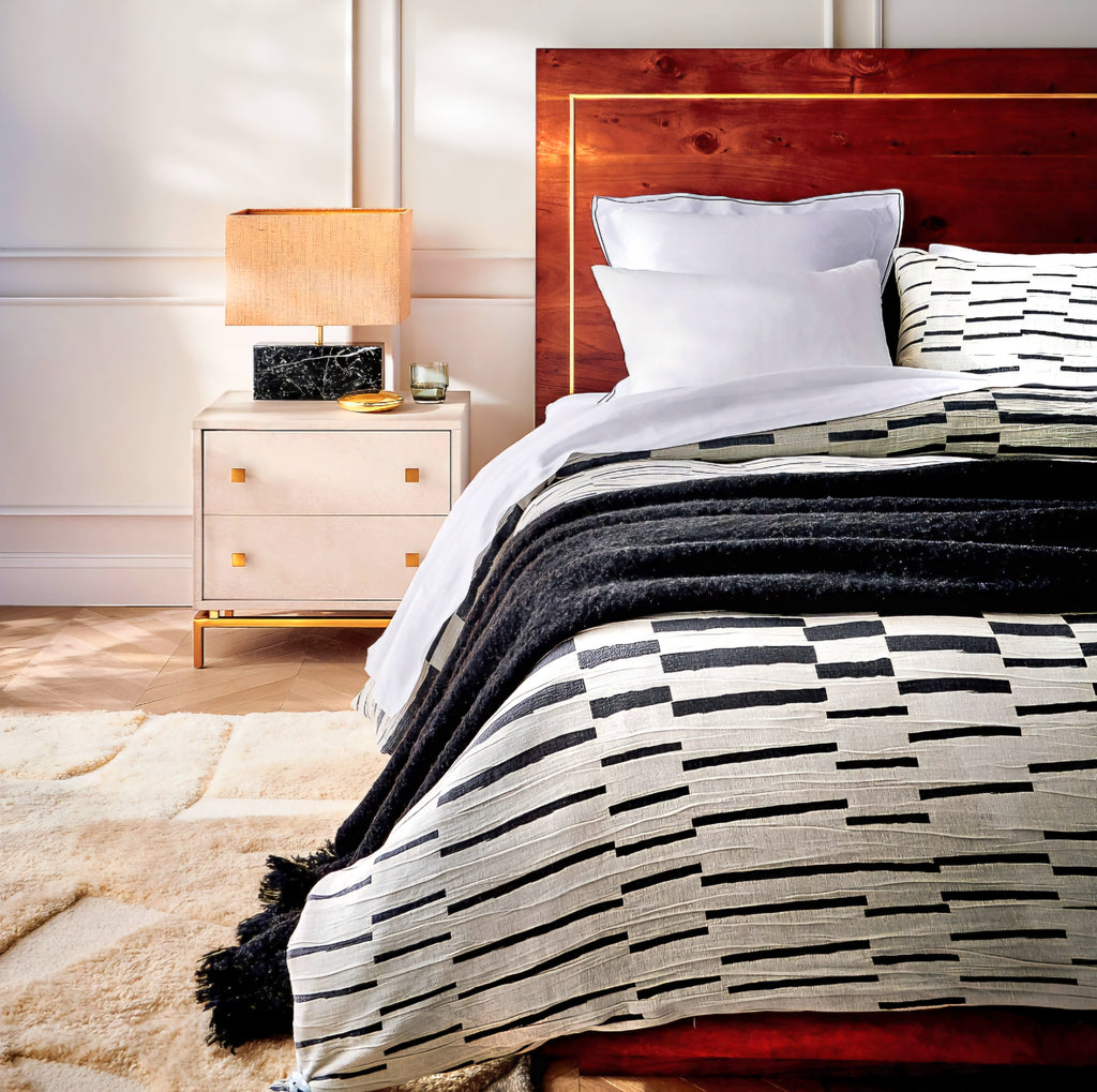 THE ONE × Dover — 2-Drawer Warm White Lacquered Nightstand with Travertine Top