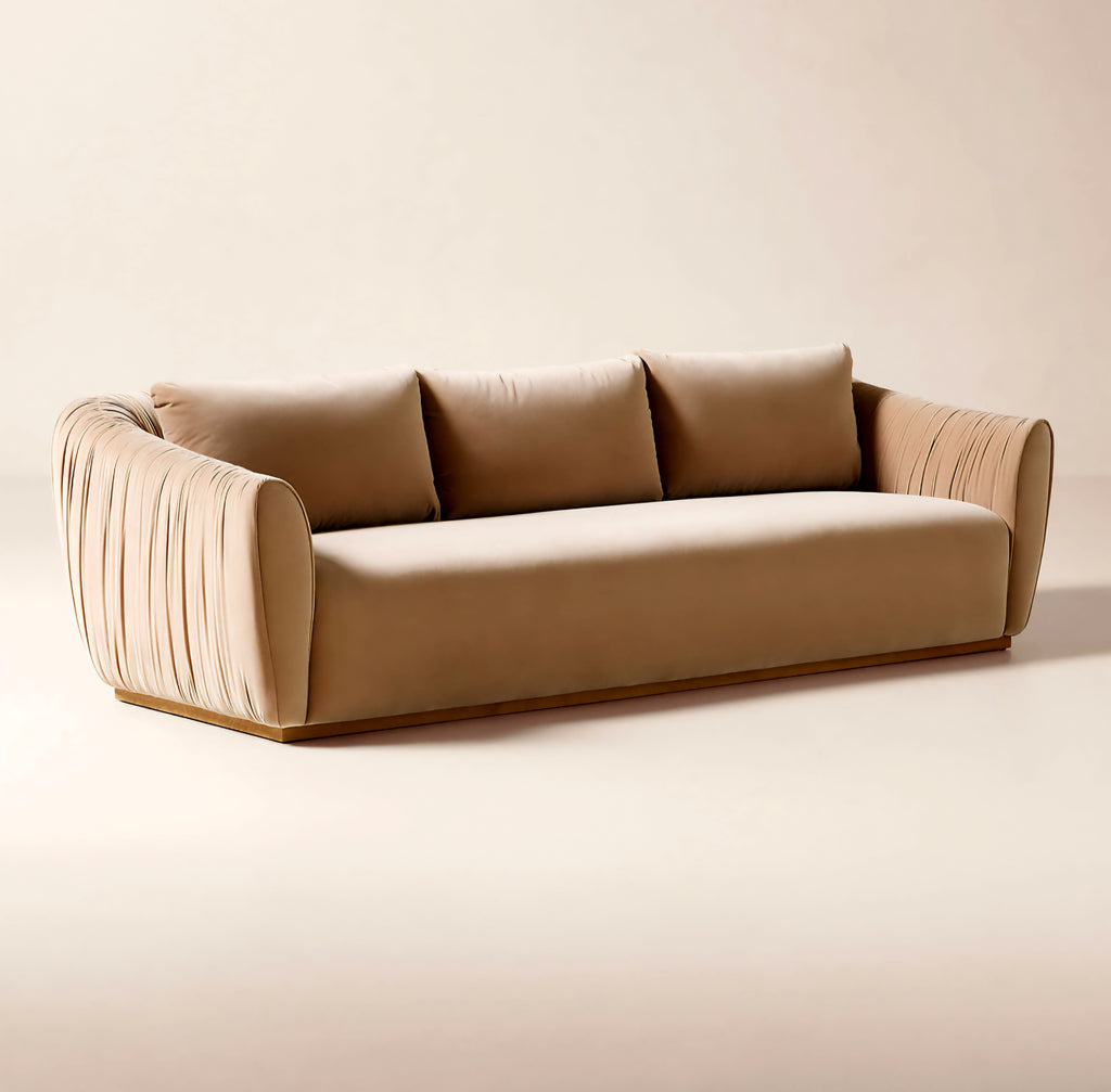 THE ONE × Emile — Camel Velvet Ruched Sofa