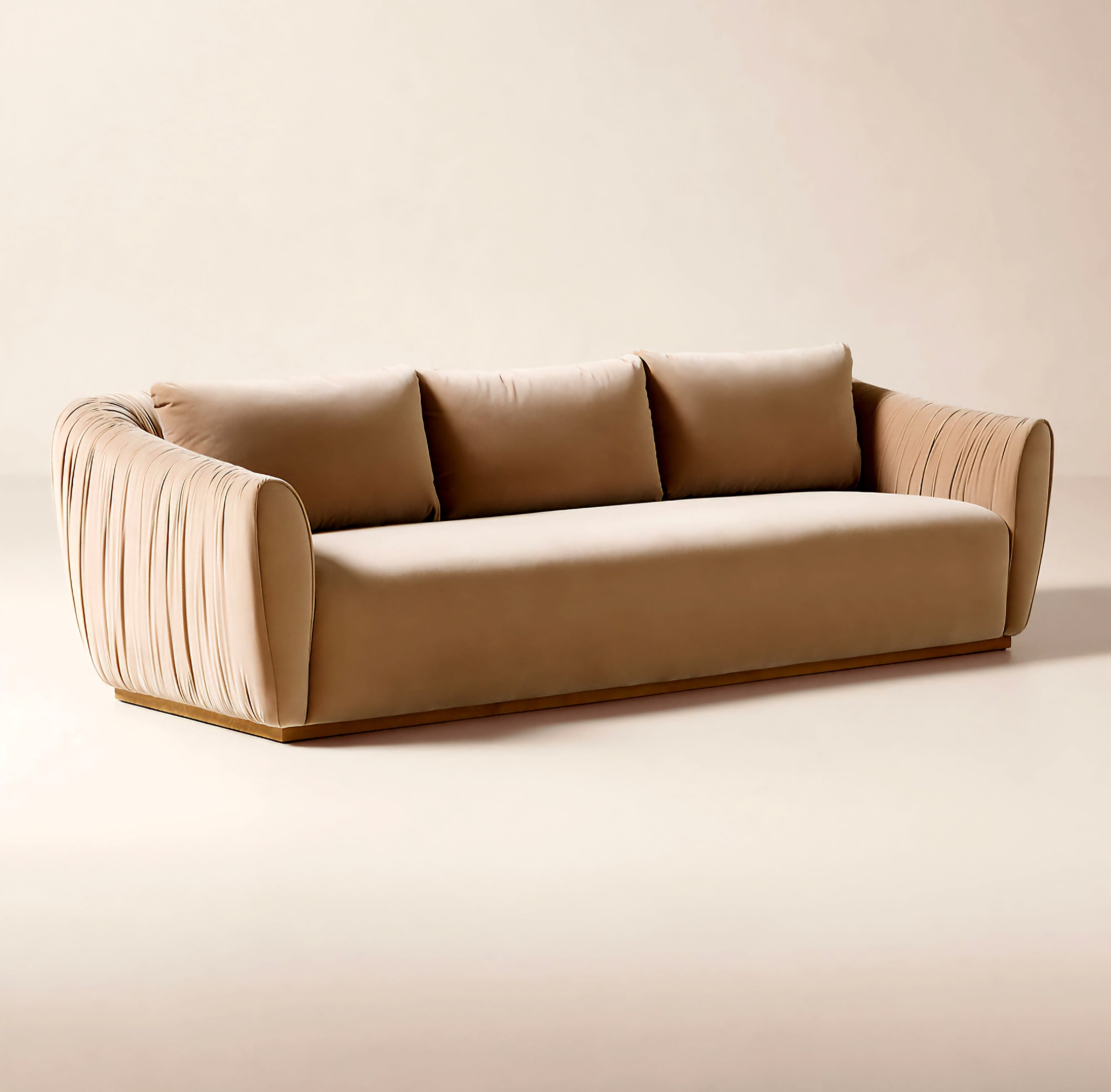 THE ONE × Emile — Camel Velvet Ruched Sofa