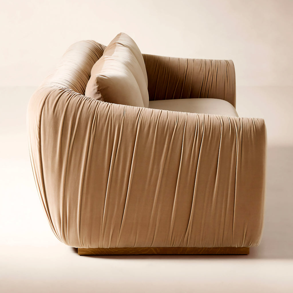 THE ONE × Emile — Camel Velvet Ruched Sofa