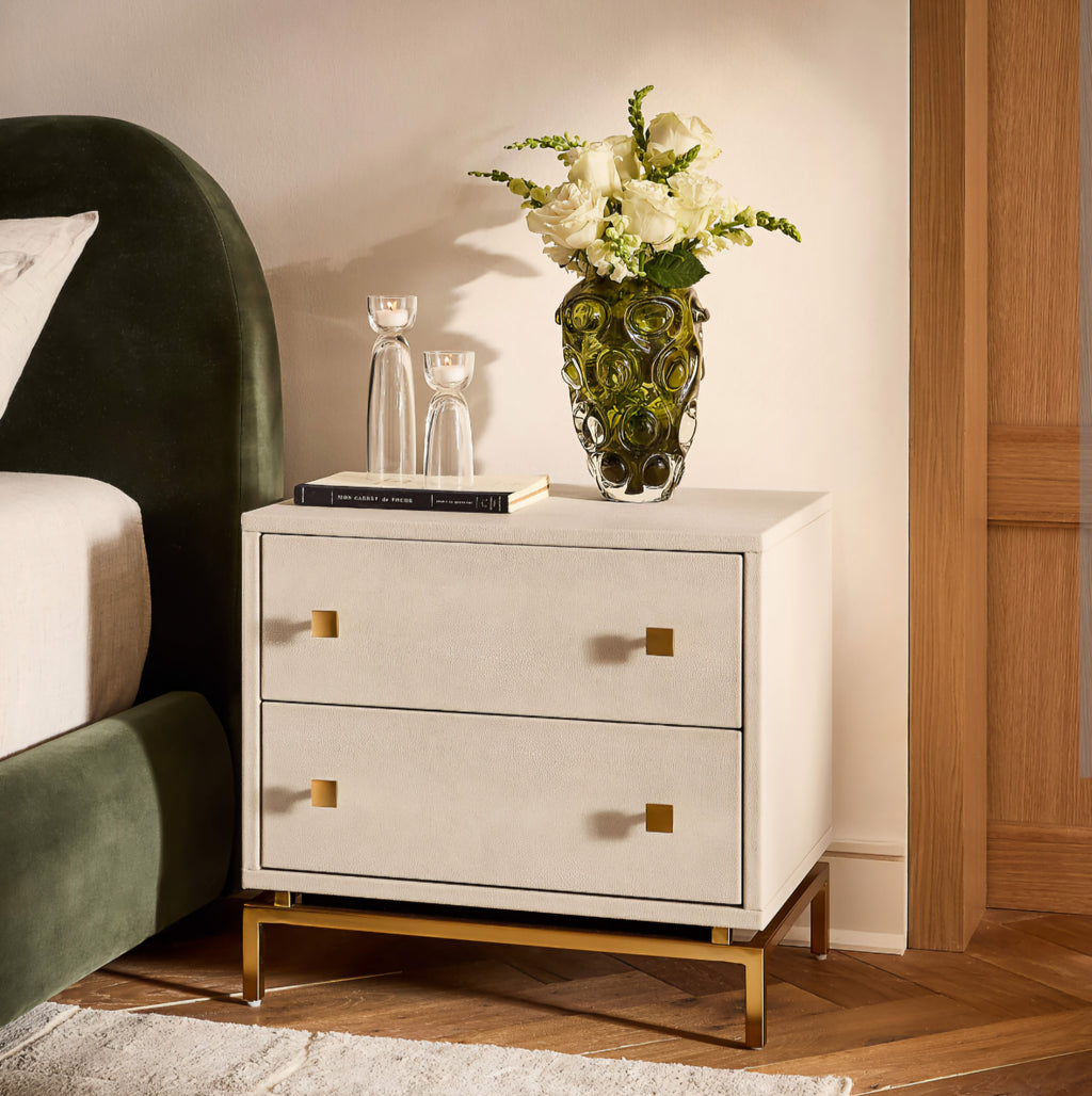 THE ONE × Dover — 2-Drawer Warm White Lacquered Nightstand with Travertine Top