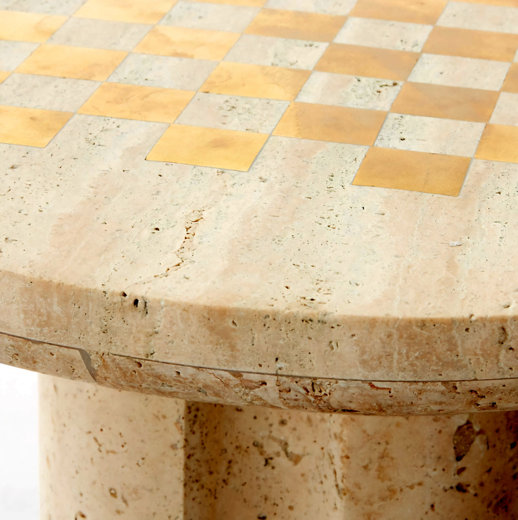 THE ONE × Kikko — White Travertine & Brass Inlay Game Side Table