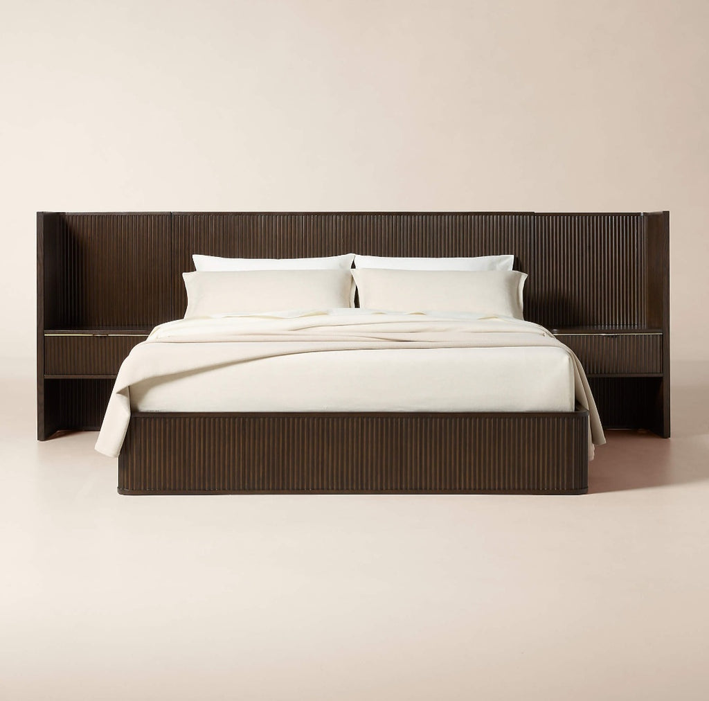 THE ONE × Davison — Fluted Dark Brown Wood King Bed with Nightstands