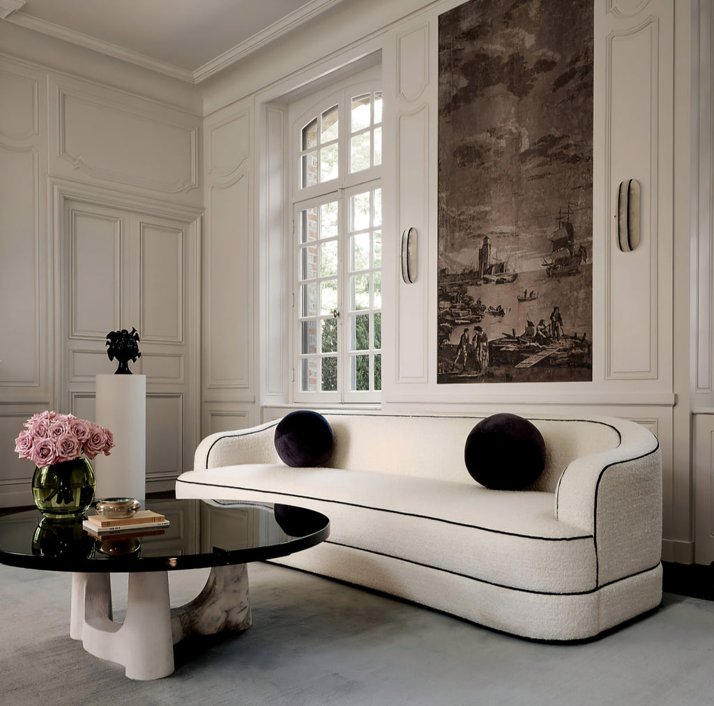 THE ONE × Mylene — Black and White Boucle Curved Sofa