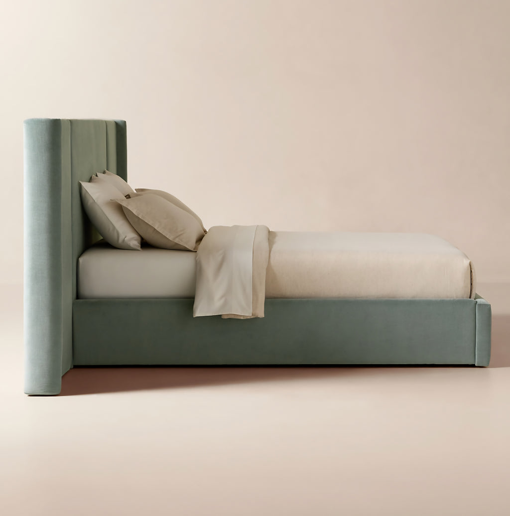 THE ONE × Abbott — Arctic Blue Velvet Upholstered Extended King Platform Bed