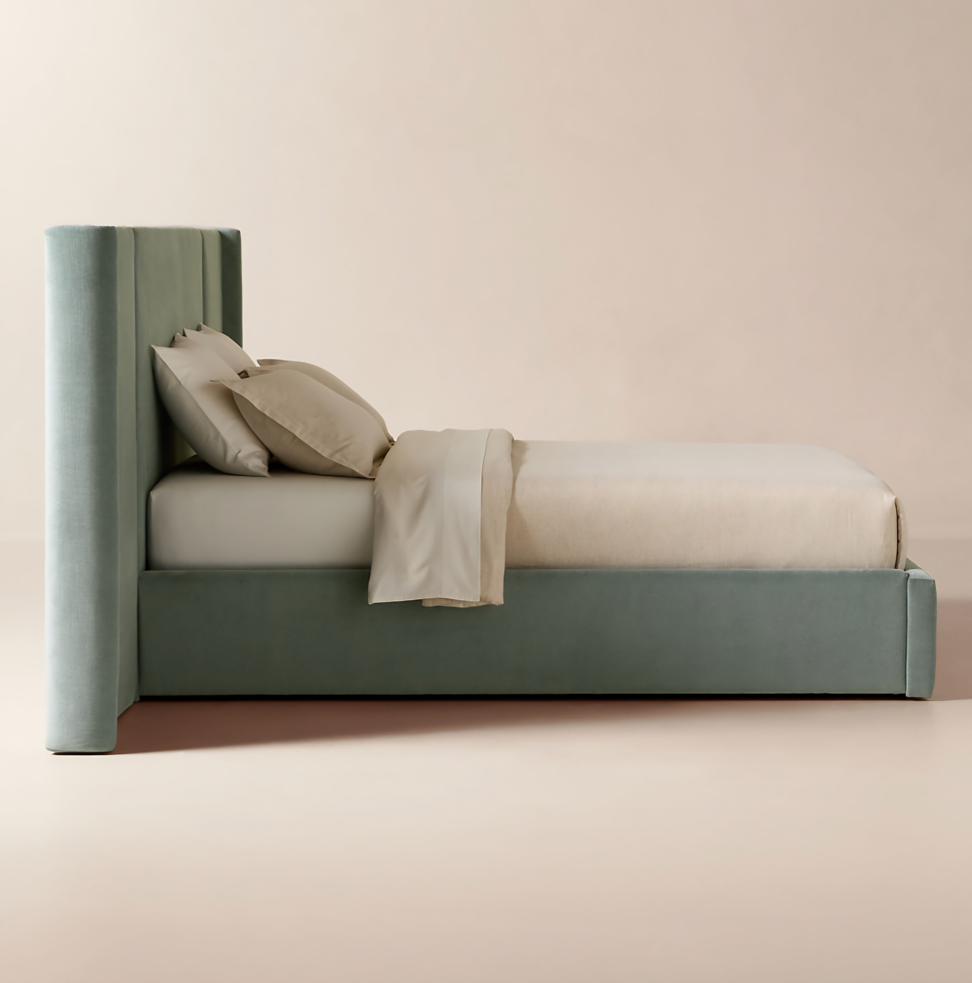 THE ONE × Abbott — Arctic Blue Velvet Upholstered Extended King Platform Bed