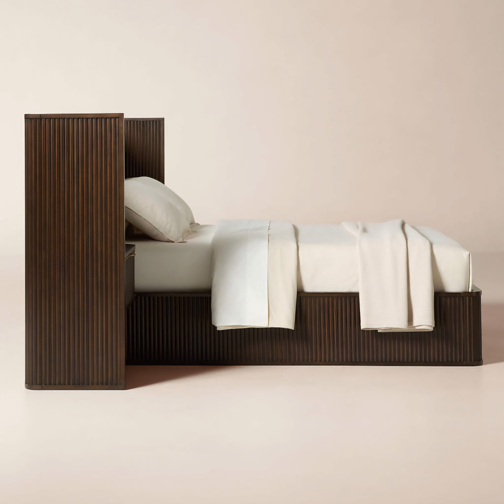 THE ONE × Davison — Fluted Dark Brown Wood Queen Bed with Nightstands