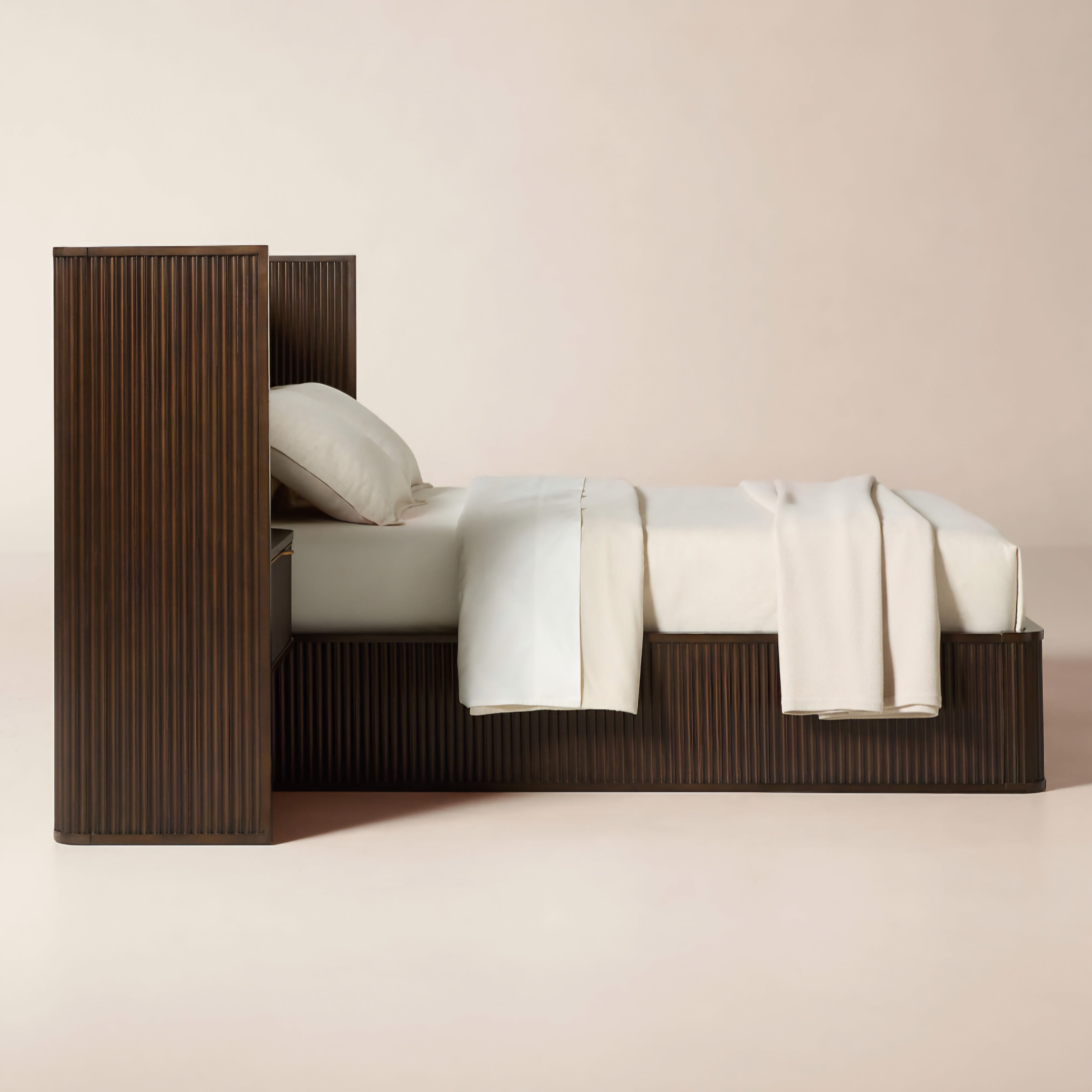 THE ONE × Davison — Fluted Dark Brown Wood Queen Bed with Nightstands