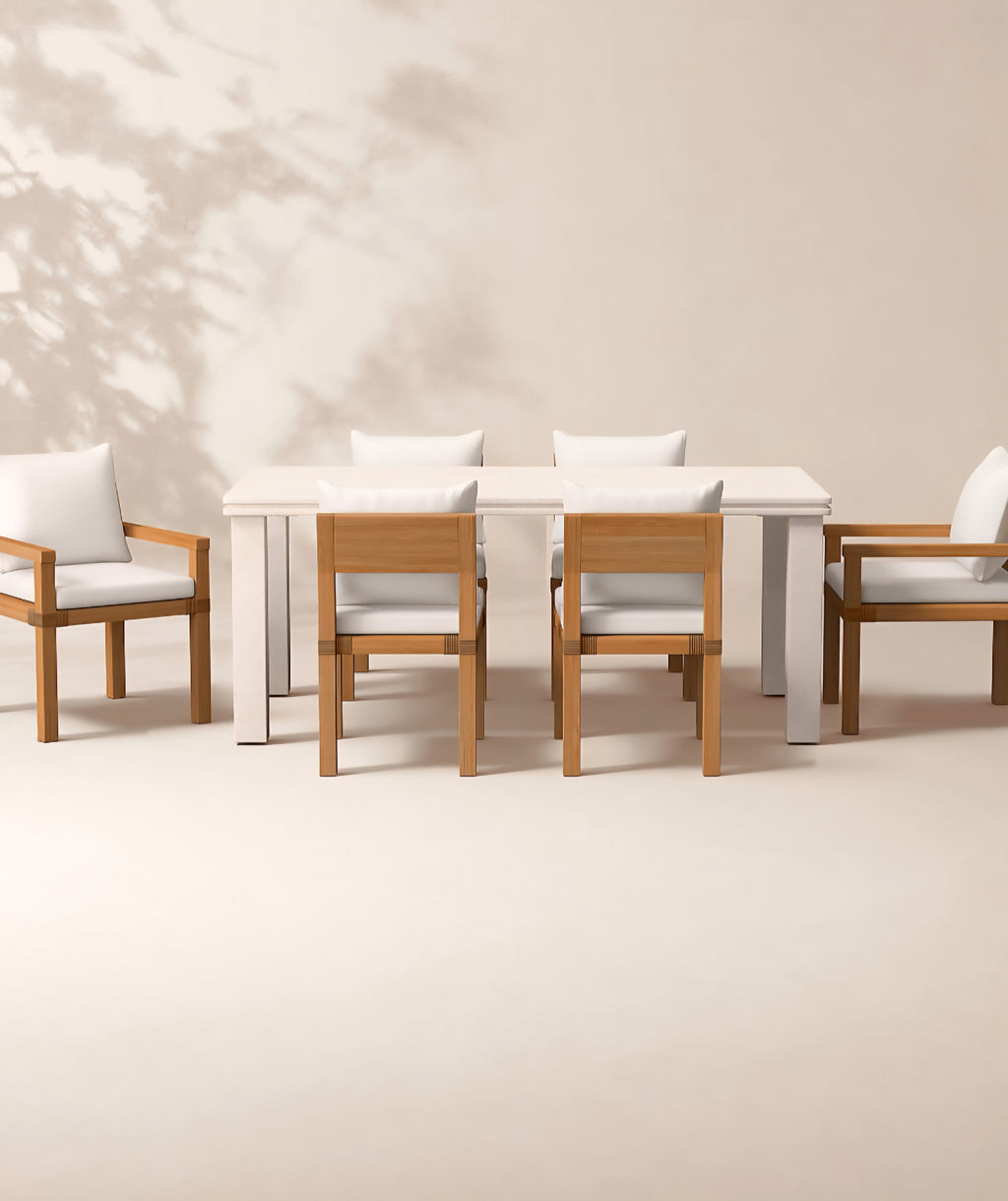 THE ONE × Oakley — Faux Limestone Indoor/Outdoor Dining Table Set with Ivory Sunbrella® Cushions