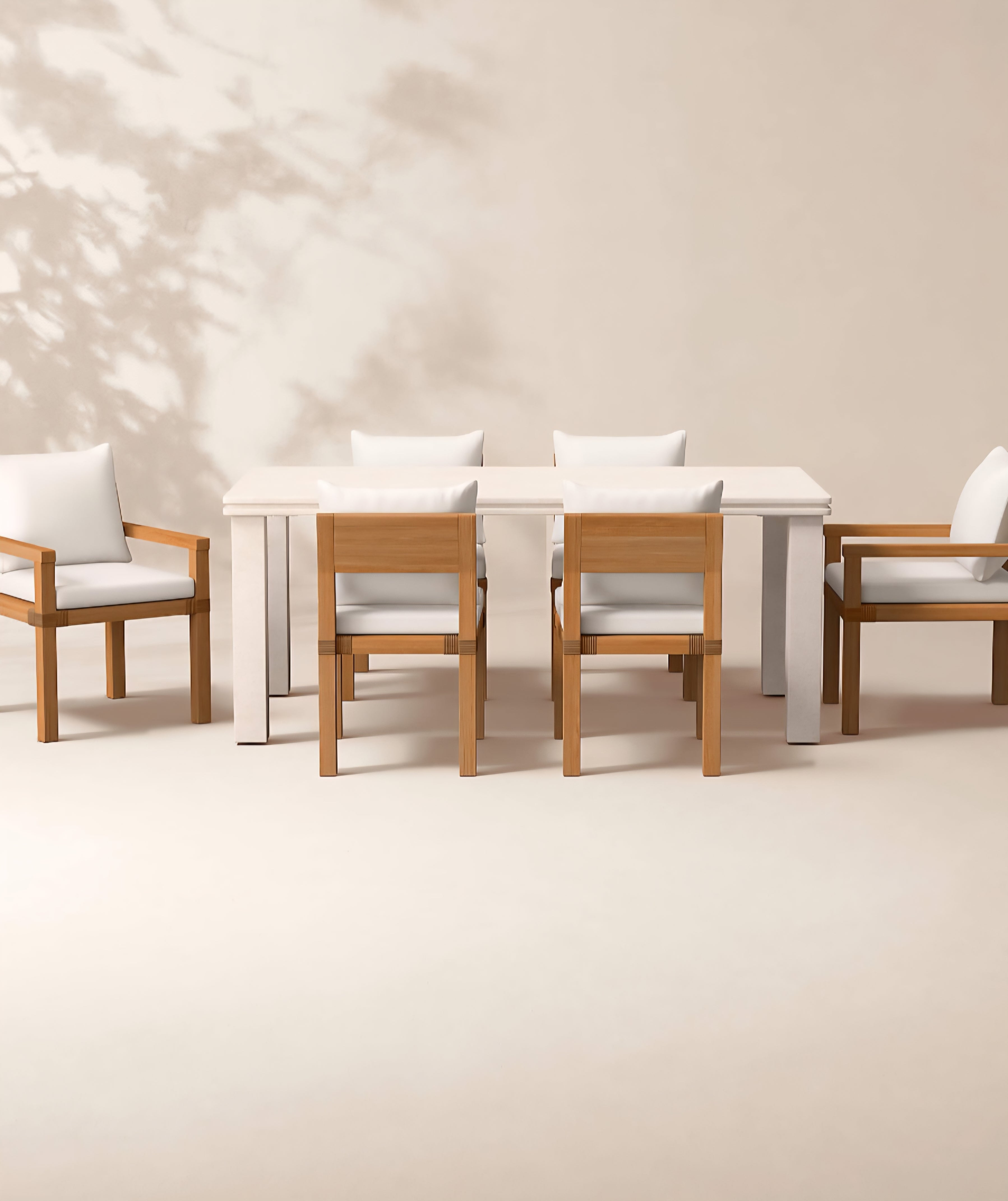 THE ONE × Oakley — Faux Limestone Indoor/Outdoor Dining Table Set with Ivory Sunbrella® Cushions