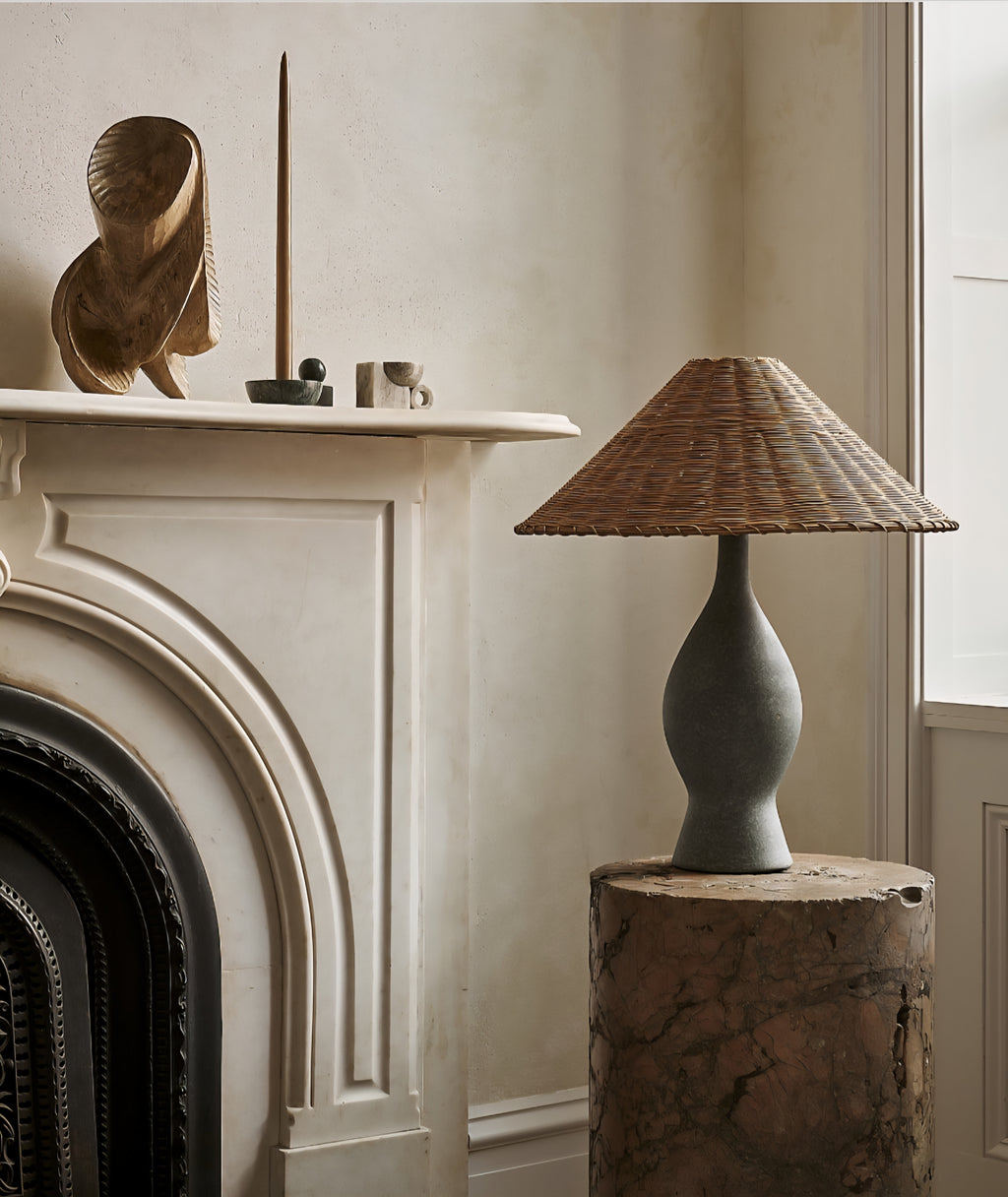 THE ONE × Courbe — Green Ceramic Table Lamp with Rattan Shade