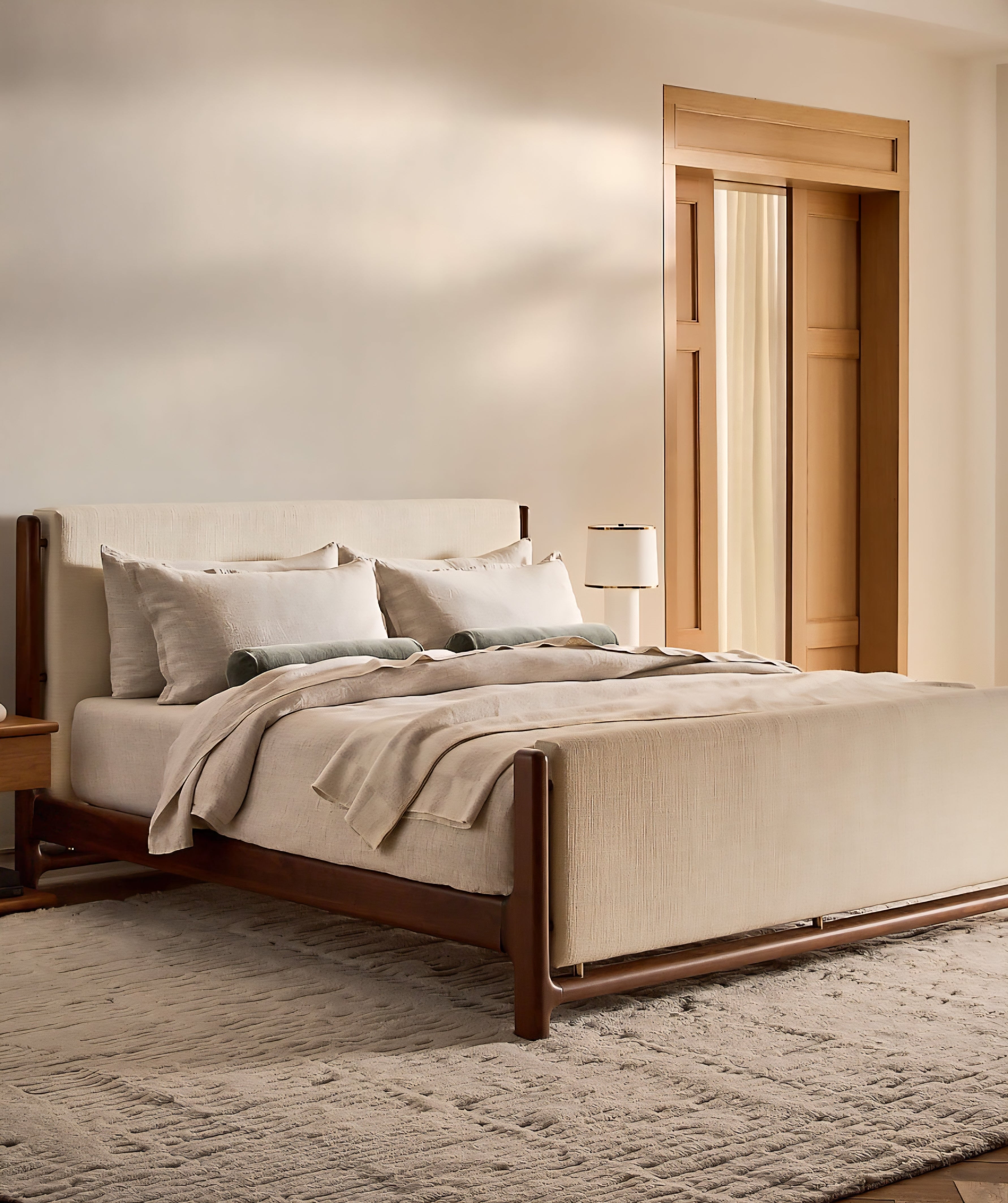 THE ONE × Tavola — Walnut and Warm White Upholstered Queen Bed