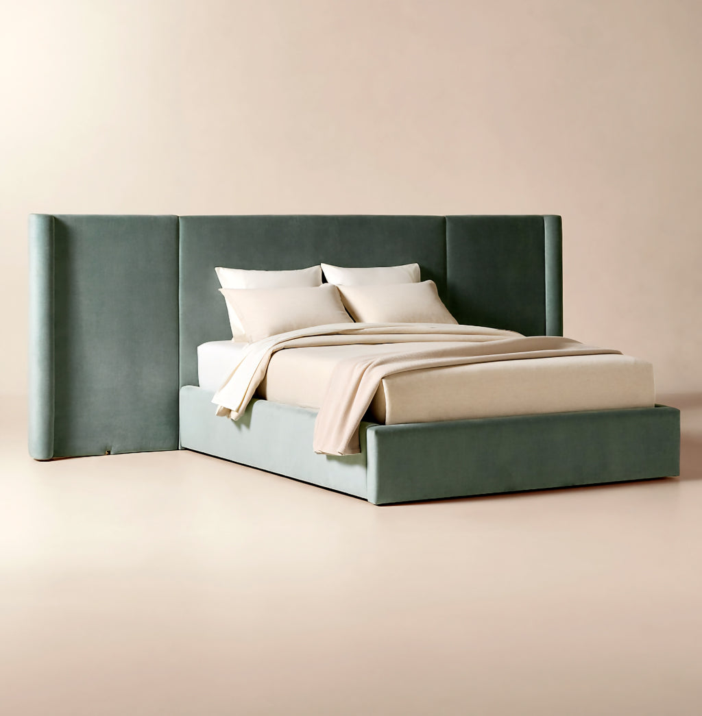 THE ONE × Abbott — Arctic Blue Velvet Upholstered Extended King Platform Bed