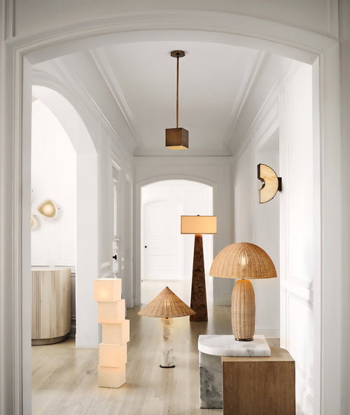 THE ONE × Beachwood — Calacatta Marble Table Lamp with Wicker Shade (20.7")