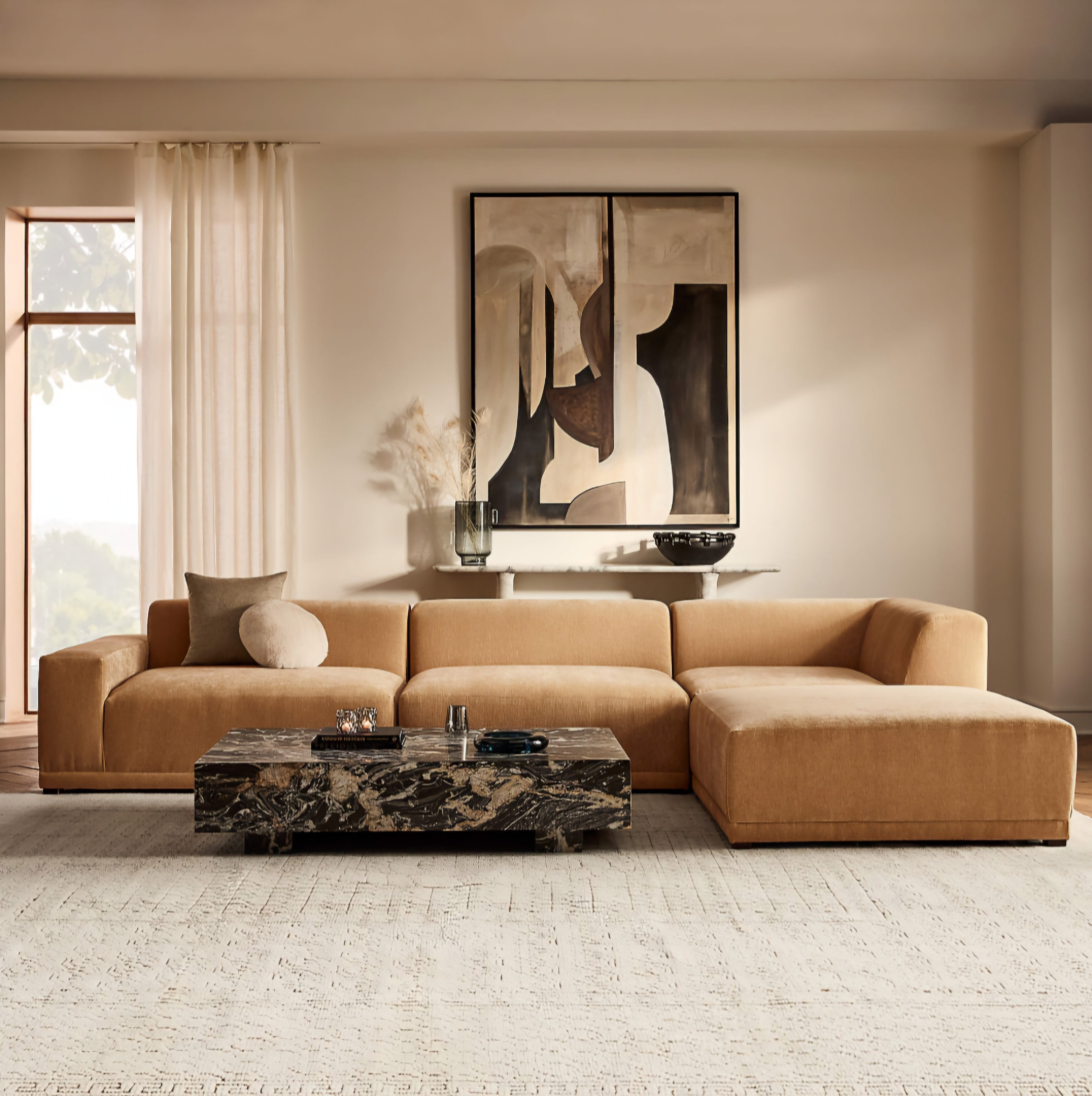 THE ONE × Faible — 6-Piece Modular Left-Arm Wheat Performance Velvet Standard Depth Sectional Sofa