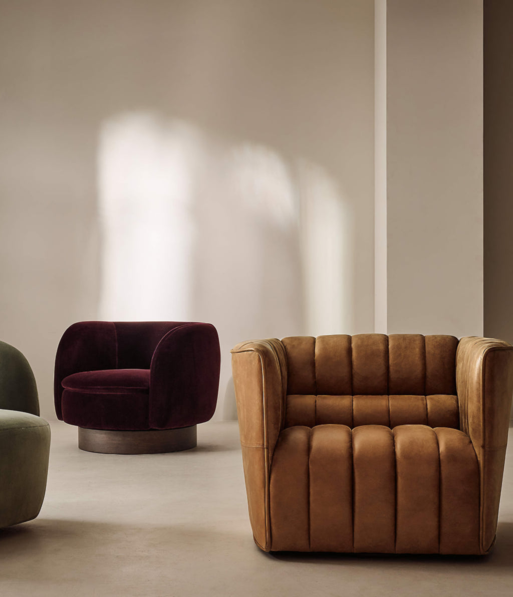 THE ONE × Muir — Taupe Velvet Swivel Chair