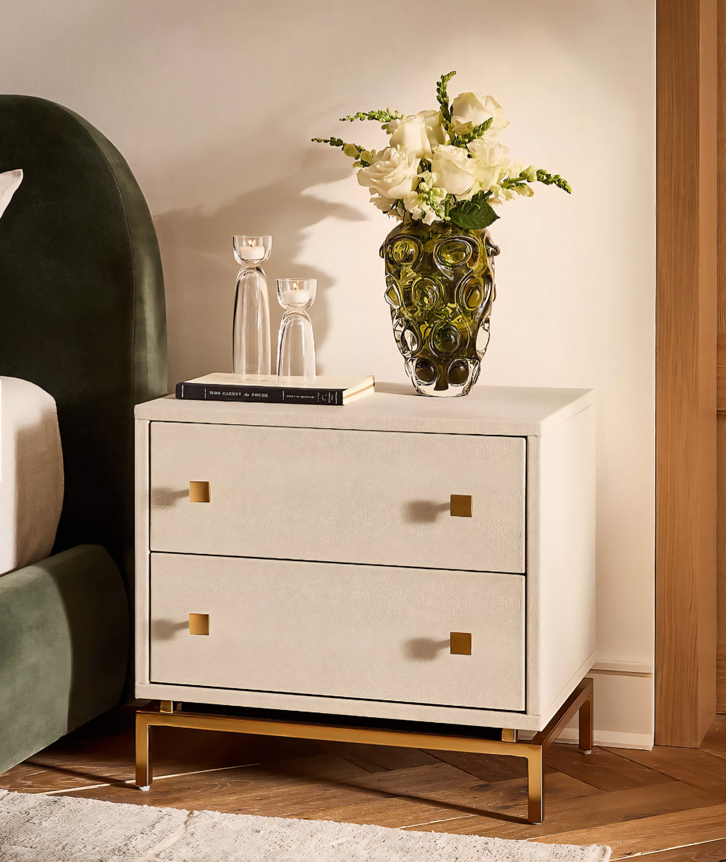 THE ONE × Dover — 2-Drawer Warm White Lacquered Nightstand with Travertine Top