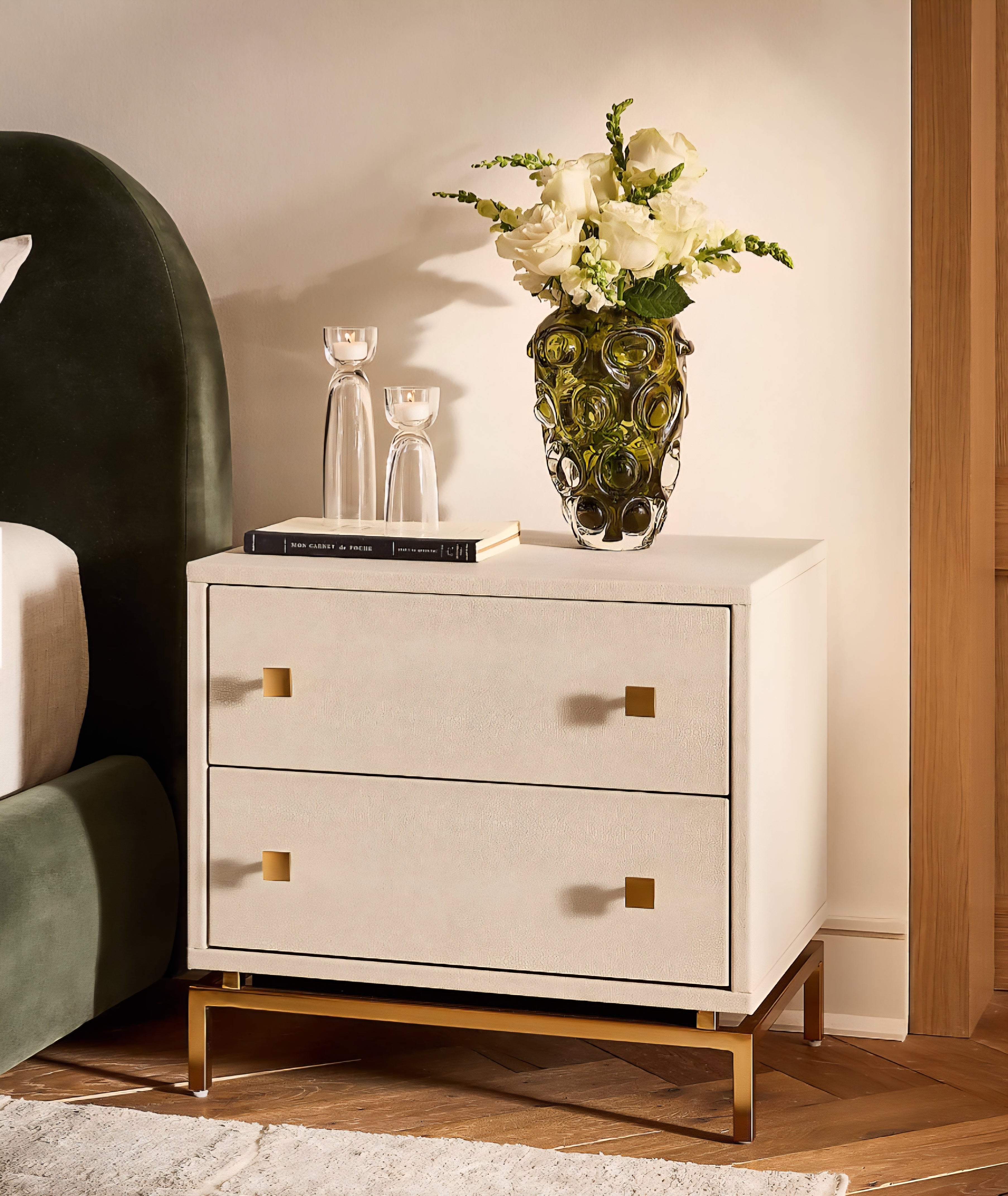 THE ONE × Dover — 2-Drawer Warm White Lacquered Nightstand with Travertine Top