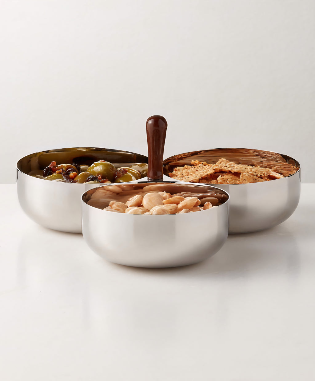THE ONE × Kalman — Polished Stainless Steel and Walnut Serving Bowl Trio